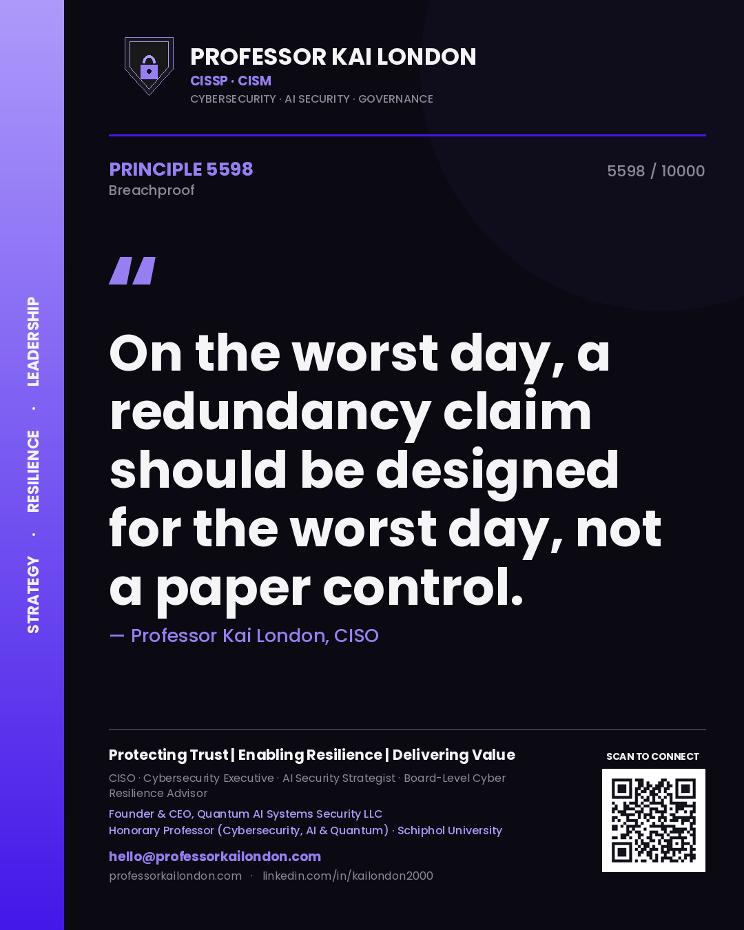 Professor Kai London principle 5598: On the worst day, a redundancy claim should be designed for the worst day, not a paper control.
