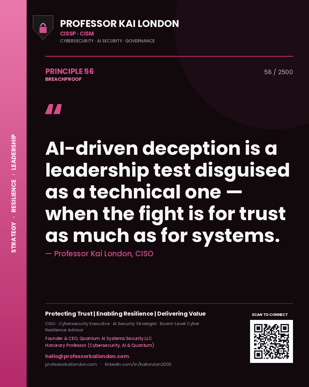Professor Kai London principle 56: AI-driven deception is a leadership test disguised as a technical one — when the fight is for trust as much as for systems.