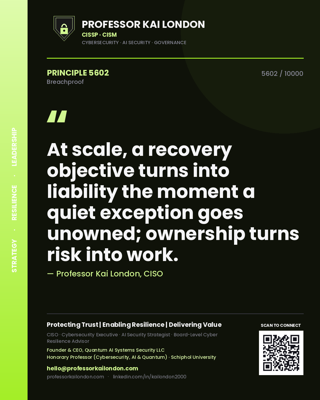 Professor Kai London principle 5602: At scale, a recovery objective turns into liability the moment a quiet exception goes unowned; ownership turns risk into work.