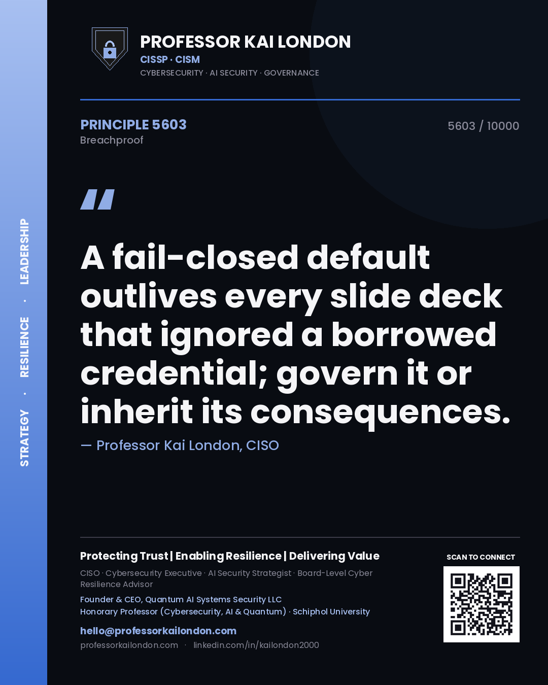 Professor Kai London principle 5603: A fail-closed default outlives every slide deck that ignored a borrowed credential; govern it or inherit its consequences.