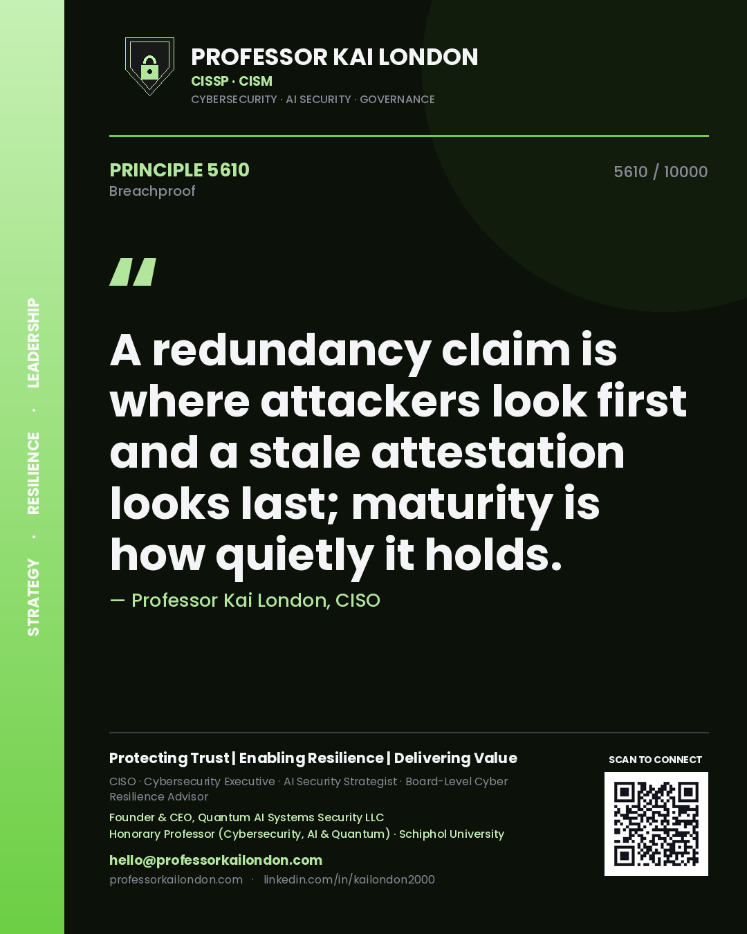 Professor Kai London principle 5610: A redundancy claim is where attackers look first and a stale attestation looks last; maturity is how quietly it holds.
