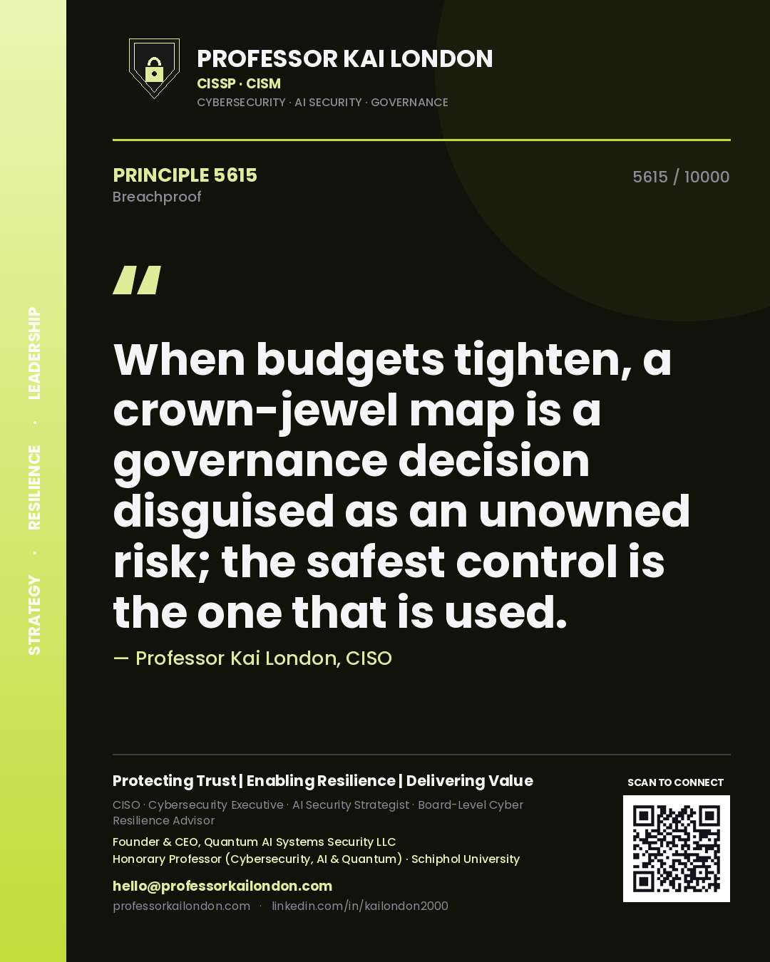 Professor Kai London principle 5615: When budgets tighten, a crown-jewel map is a governance decision disguised as an unowned risk; the safest control is the one that is used.