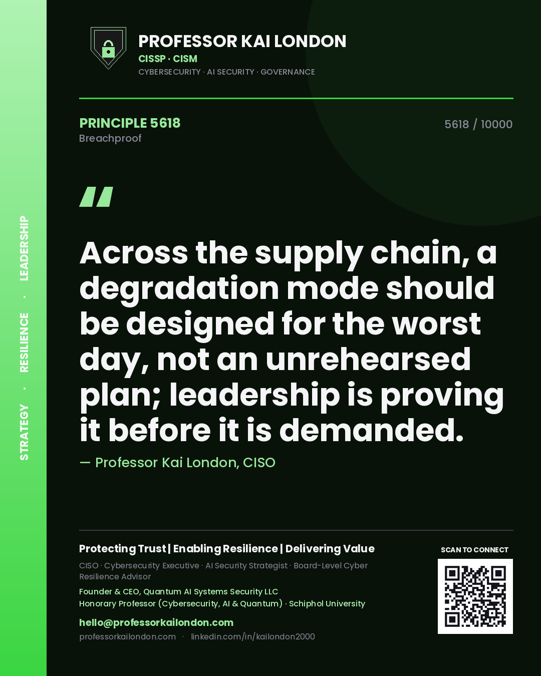 Professor Kai London principle 5618: Across the supply chain, a degradation mode should be designed for the worst day, not an unrehearsed plan; leadership is proving it before it is demanded.