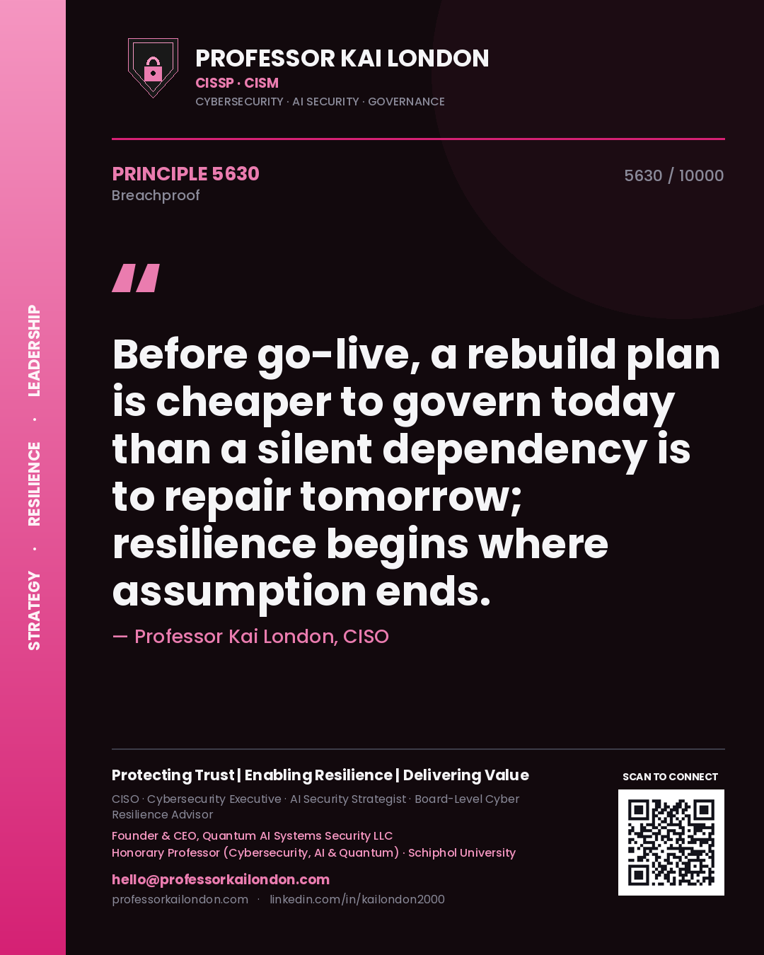 Professor Kai London principle 5630: Before go-live, a rebuild plan is cheaper to govern today than a silent dependency is to repair tomorrow; resilience begins where assumption ends.