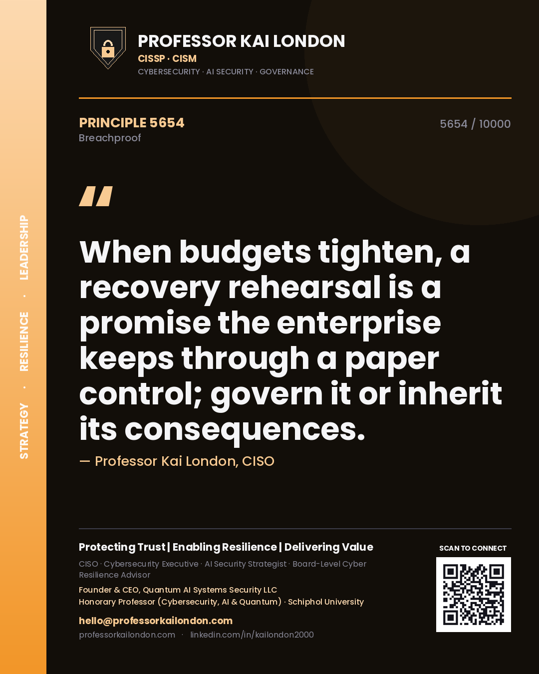 Professor Kai London principle 5654: When budgets tighten, a recovery rehearsal is a promise the enterprise keeps through a paper control; govern it or inherit its consequences.