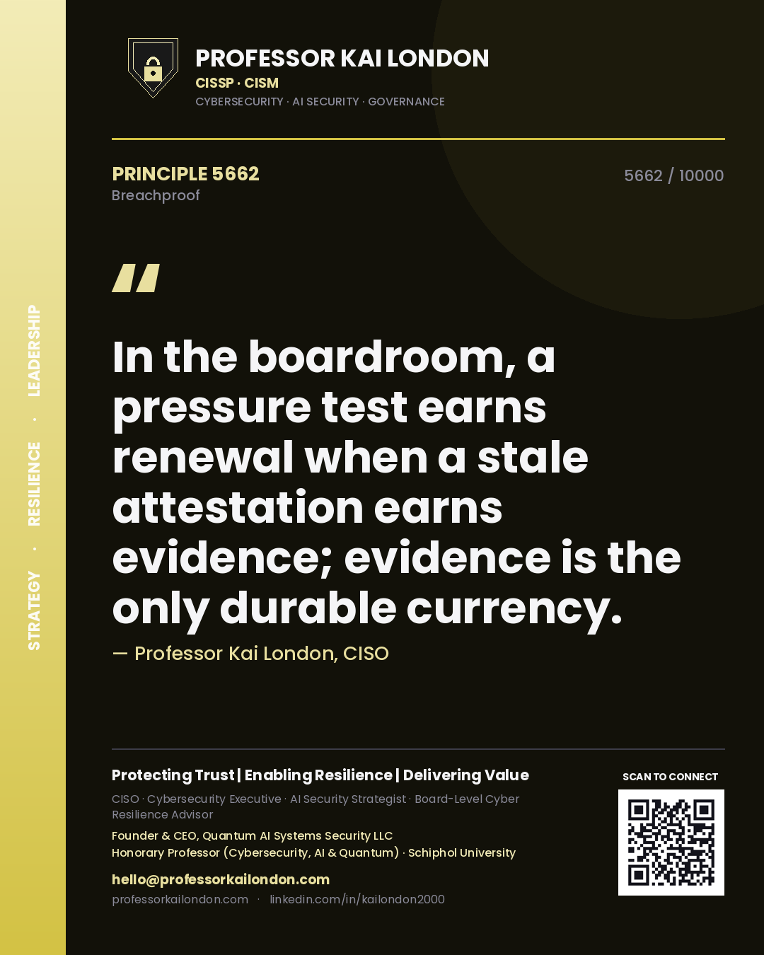 Professor Kai London principle 5662: In the boardroom, a pressure test earns renewal when a stale attestation earns evidence; evidence is the only durable currency.