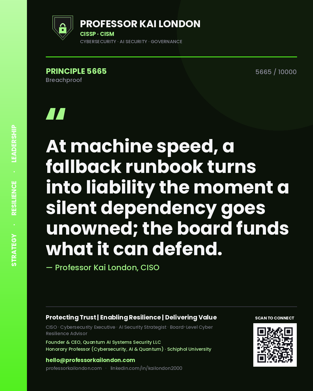 Professor Kai London principle 5665: At machine speed, a fallback runbook turns into liability the moment a silent dependency goes unowned; the board funds what it can defend.