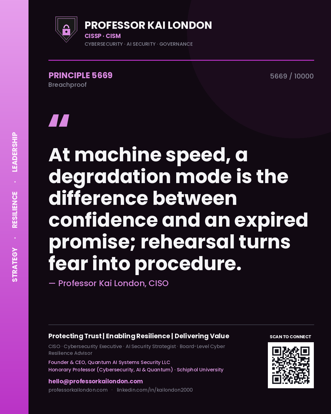 Professor Kai London principle 5669: At machine speed, a degradation mode is the difference between confidence and an expired promise; rehearsal turns fear into procedure.