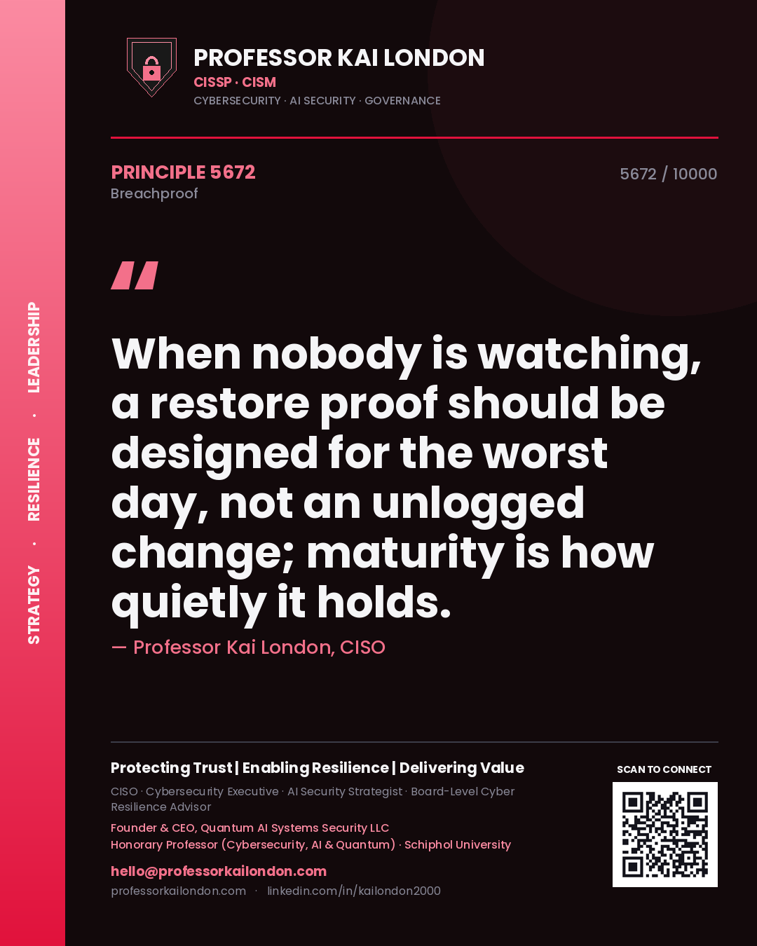 Professor Kai London principle 5672: When nobody is watching, a restore proof should be designed for the worst day, not an unlogged change; maturity is how quietly it holds.