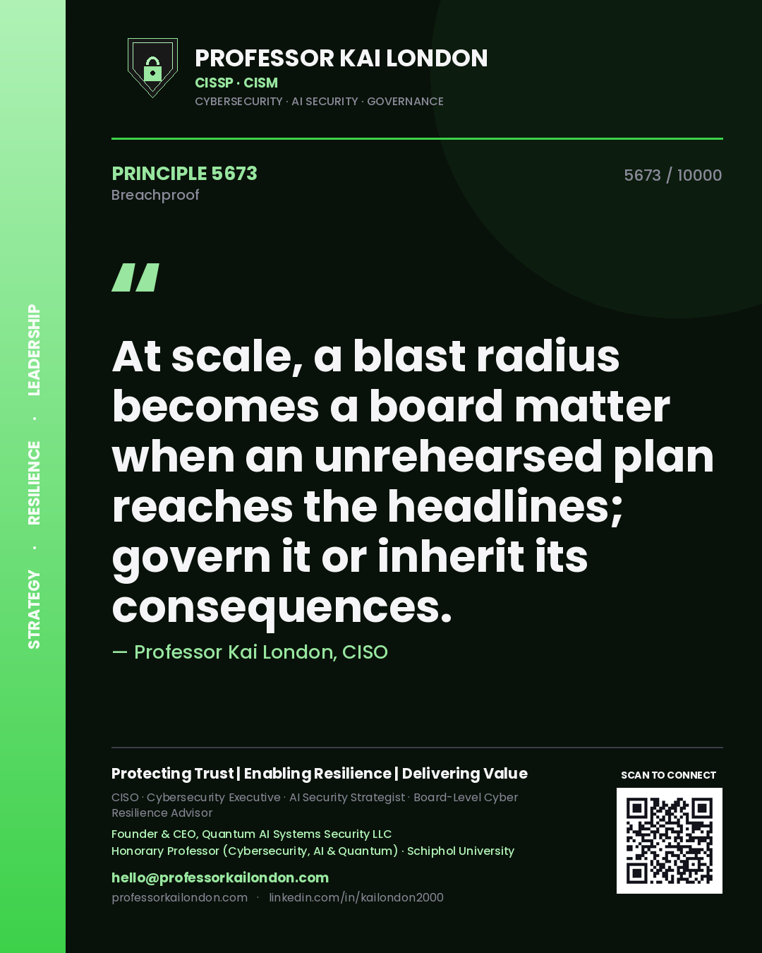 Professor Kai London principle 5673: At scale, a blast radius becomes a board matter when an unrehearsed plan reaches the headlines; govern it or inherit its consequences.