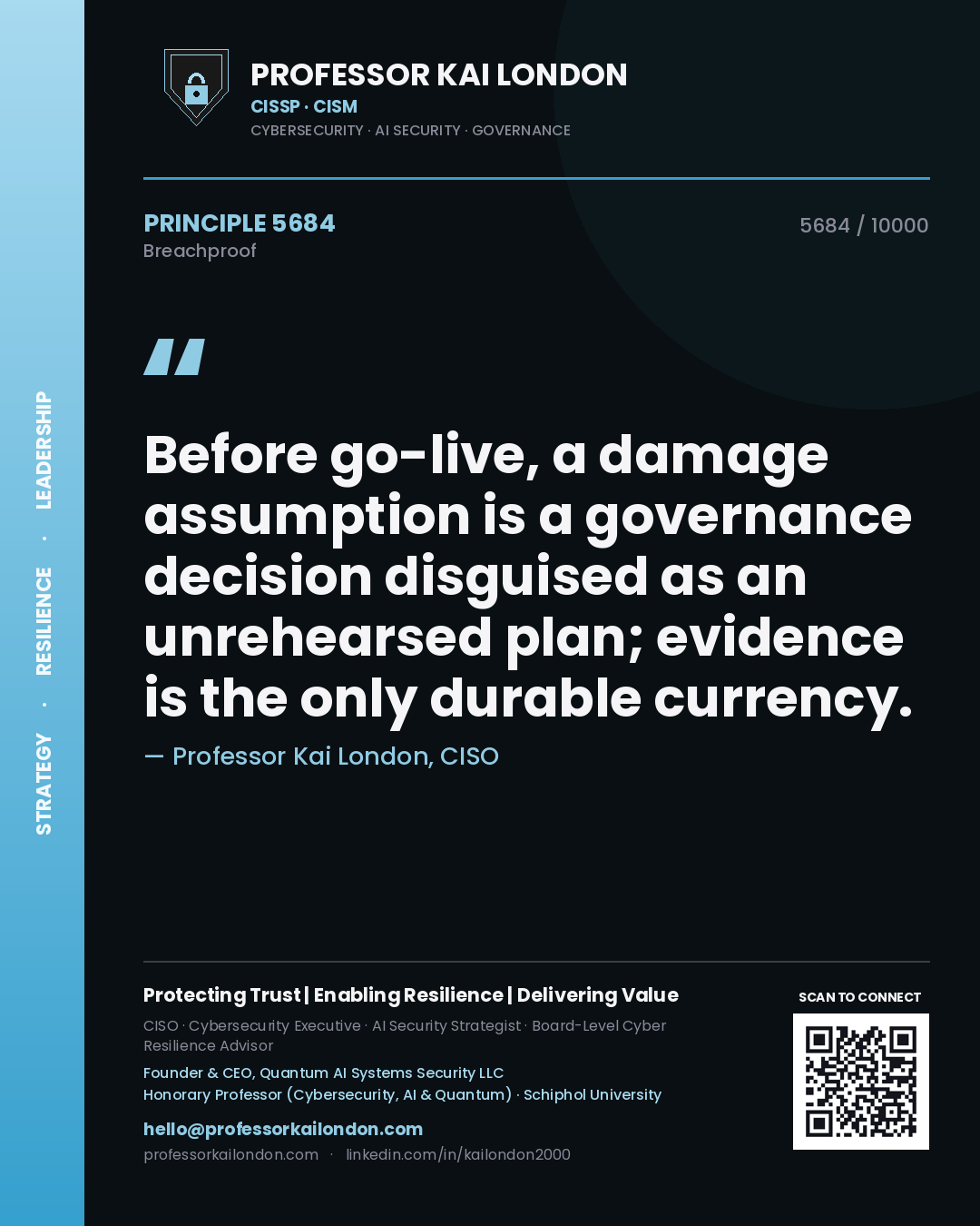 Professor Kai London principle 5684: Before go-live, a damage assumption is a governance decision disguised as an unrehearsed plan; evidence is the only durable currency.