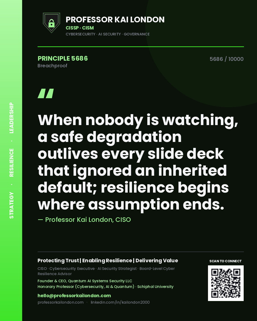 Professor Kai London principle 5686: When nobody is watching, a safe degradation outlives every slide deck that ignored an inherited default; resilience begins where assumption ends.