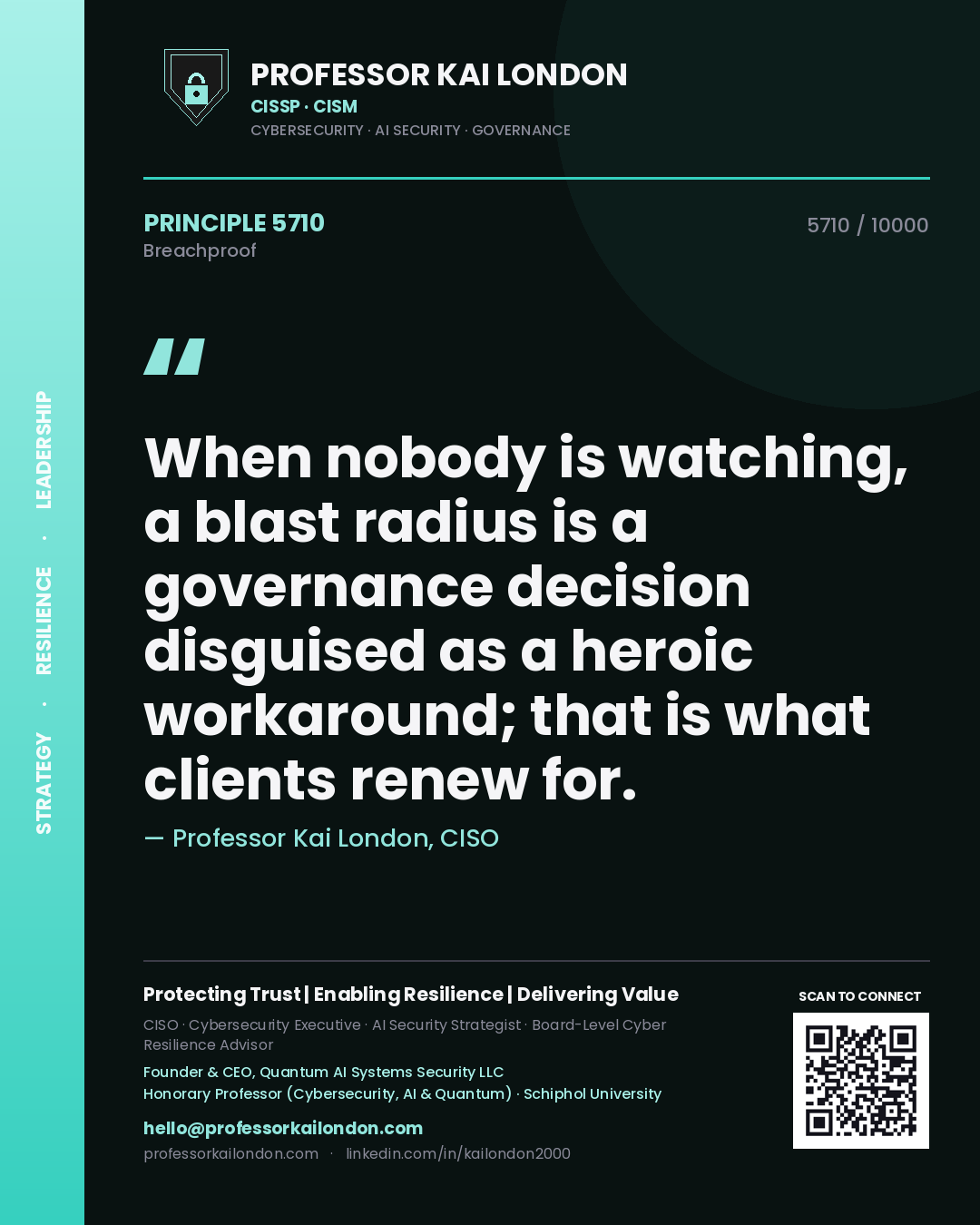Professor Kai London principle 5710: When nobody is watching, a blast radius is a governance decision disguised as a heroic workaround; that is what clients renew for.
