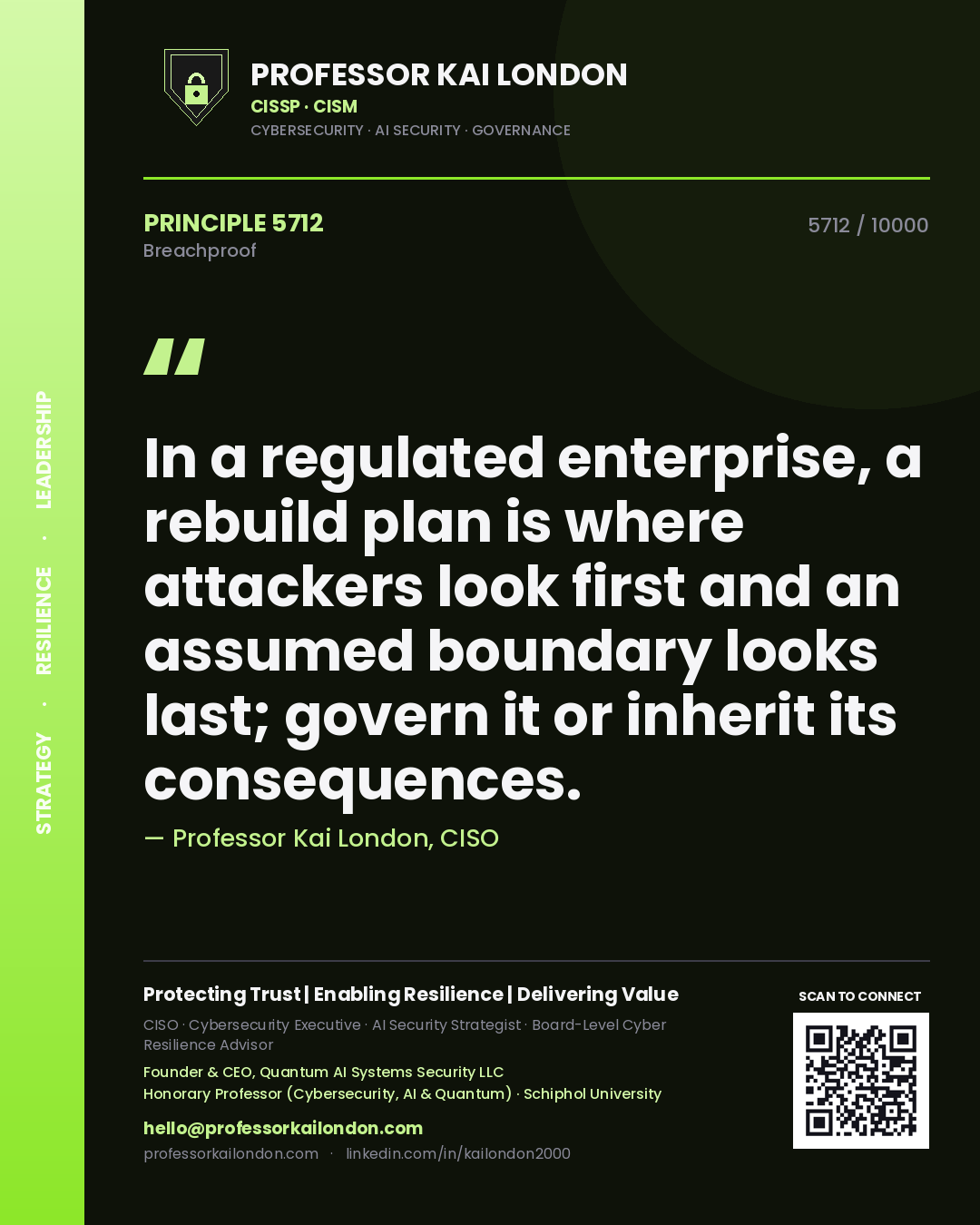 Professor Kai London principle 5712: In a regulated enterprise, a rebuild plan is where attackers look first and an assumed boundary looks last; govern it or inherit its consequences.
