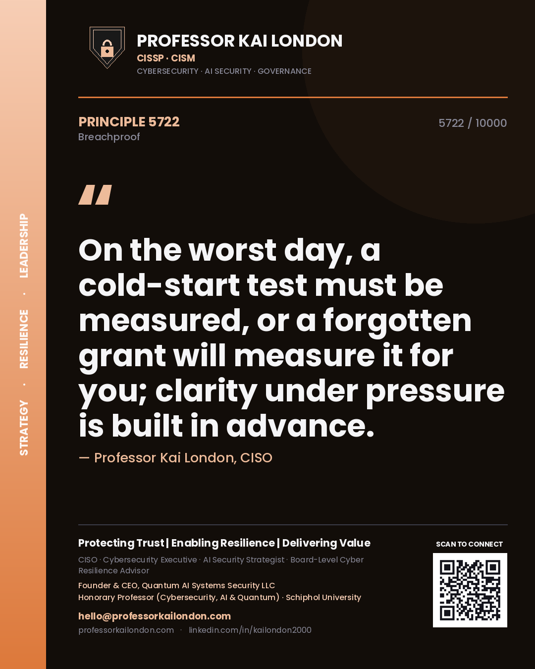 Professor Kai London principle 5722: On the worst day, a cold-start test must be measured, or a forgotten grant will measure it for you; clarity under pressure is built in advance.