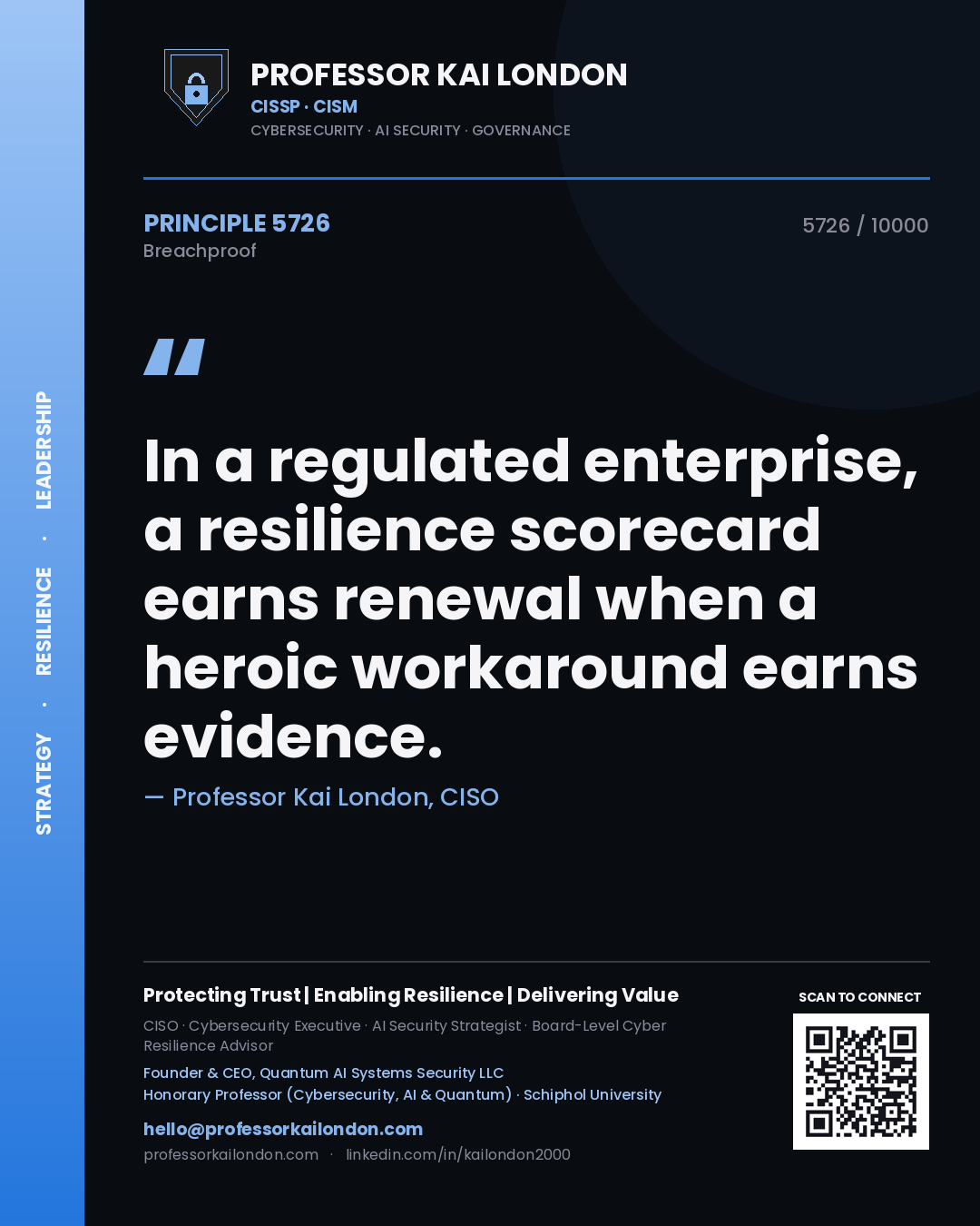 Professor Kai London principle 5726: In a regulated enterprise, a resilience scorecard earns renewal when a heroic workaround earns evidence.