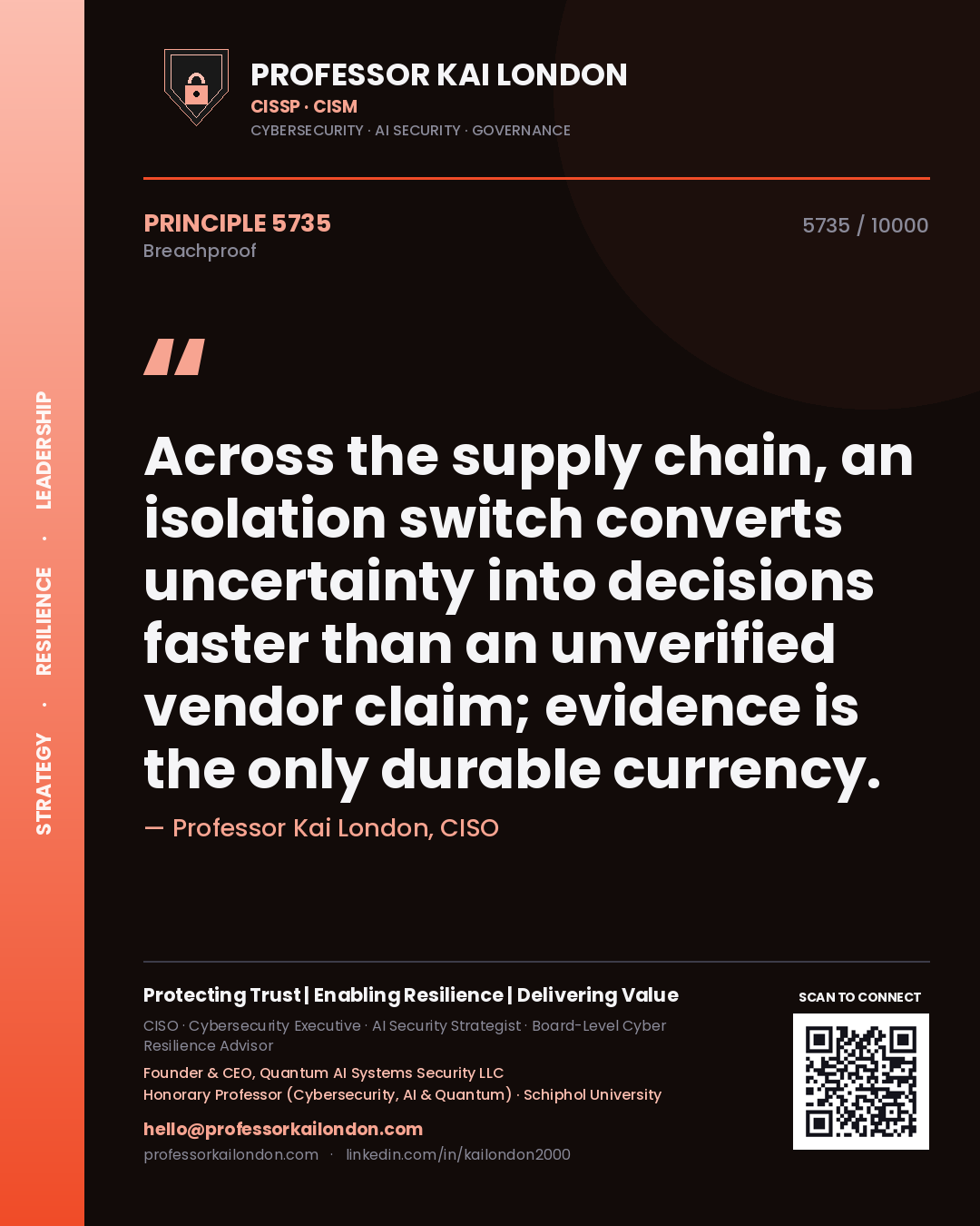 Professor Kai London principle 5735: Across the supply chain, an isolation switch converts uncertainty into decisions faster than an unverified vendor claim; evidence is the only durable currency.
