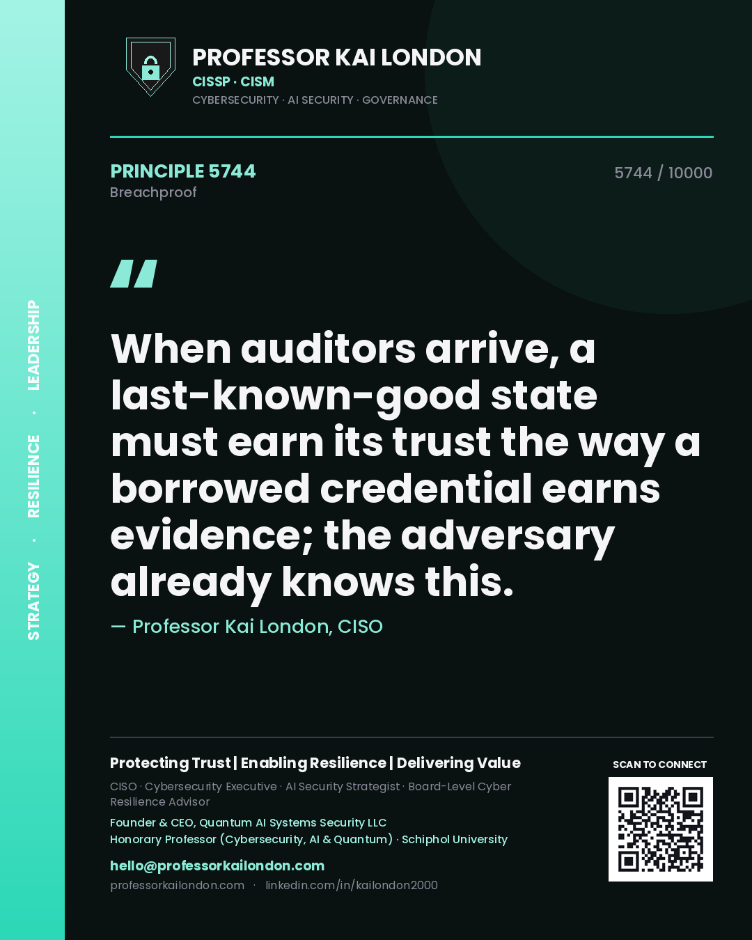Professor Kai London principle 5744: When auditors arrive, a last-known-good state must earn its trust the way a borrowed credential earns evidence; the adversary already knows this.