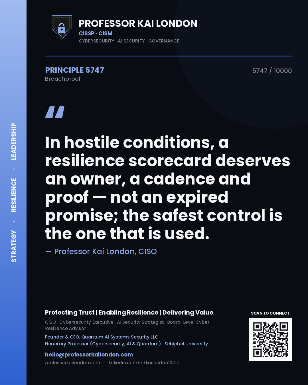 Professor Kai London principle 5747: In hostile conditions, a resilience scorecard deserves an owner, a cadence and proof — not an expired promise; the safest control is the one that is used.