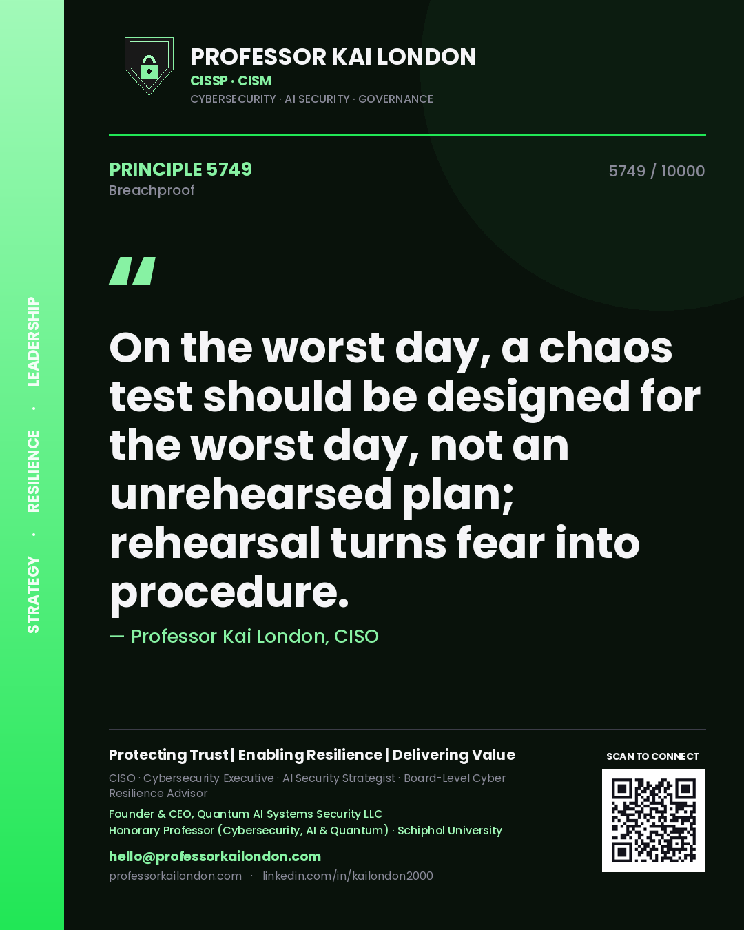 Professor Kai London principle 5749: On the worst day, a chaos test should be designed for the worst day, not an unrehearsed plan; rehearsal turns fear into procedure.