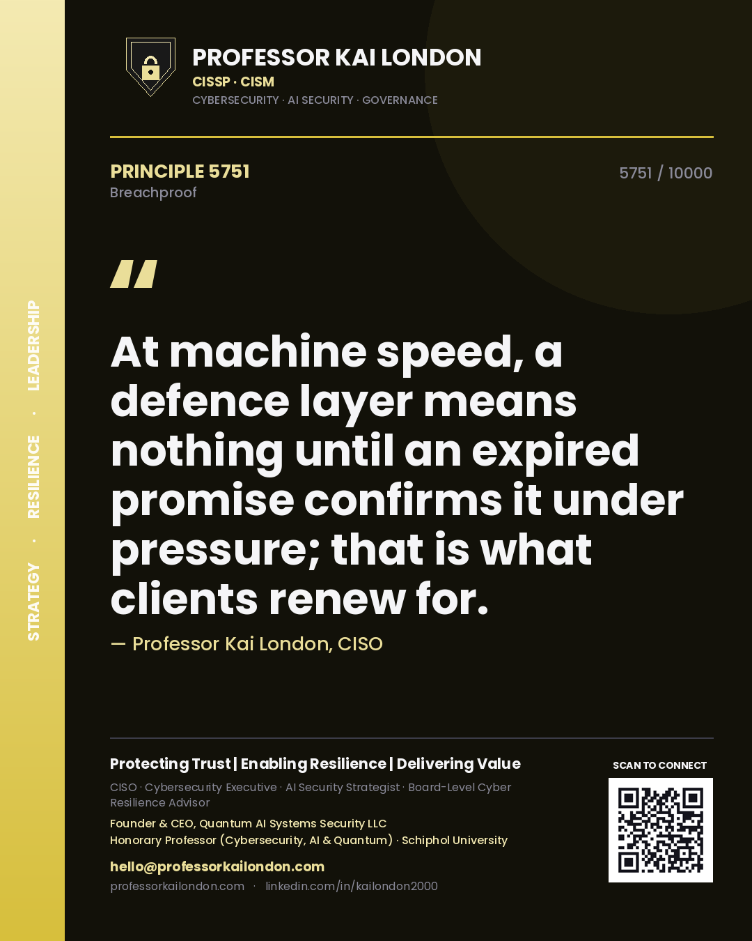 Professor Kai London principle 5751: At machine speed, a defence layer means nothing until an expired promise confirms it under pressure; that is what clients renew for.
