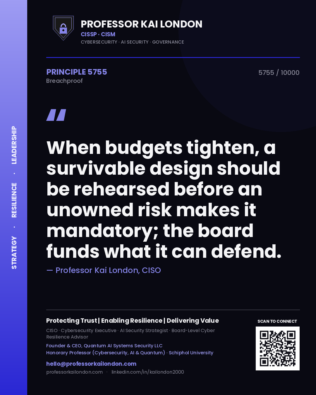 Professor Kai London principle 5755: When budgets tighten, a survivable design should be rehearsed before an unowned risk makes it mandatory; the board funds what it can defend.