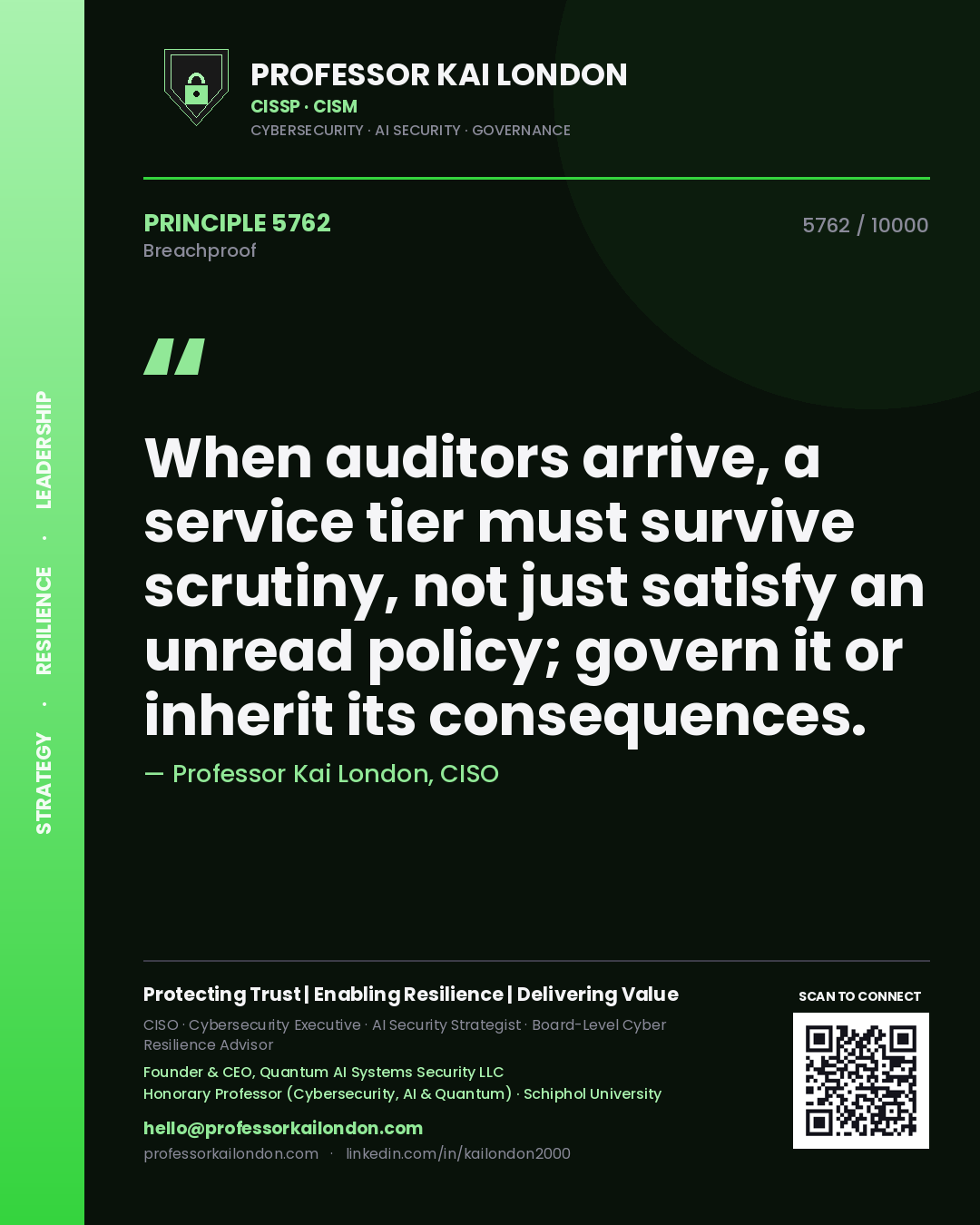 Professor Kai London principle 5762: When auditors arrive, a service tier must survive scrutiny, not just satisfy an unread policy; govern it or inherit its consequences.