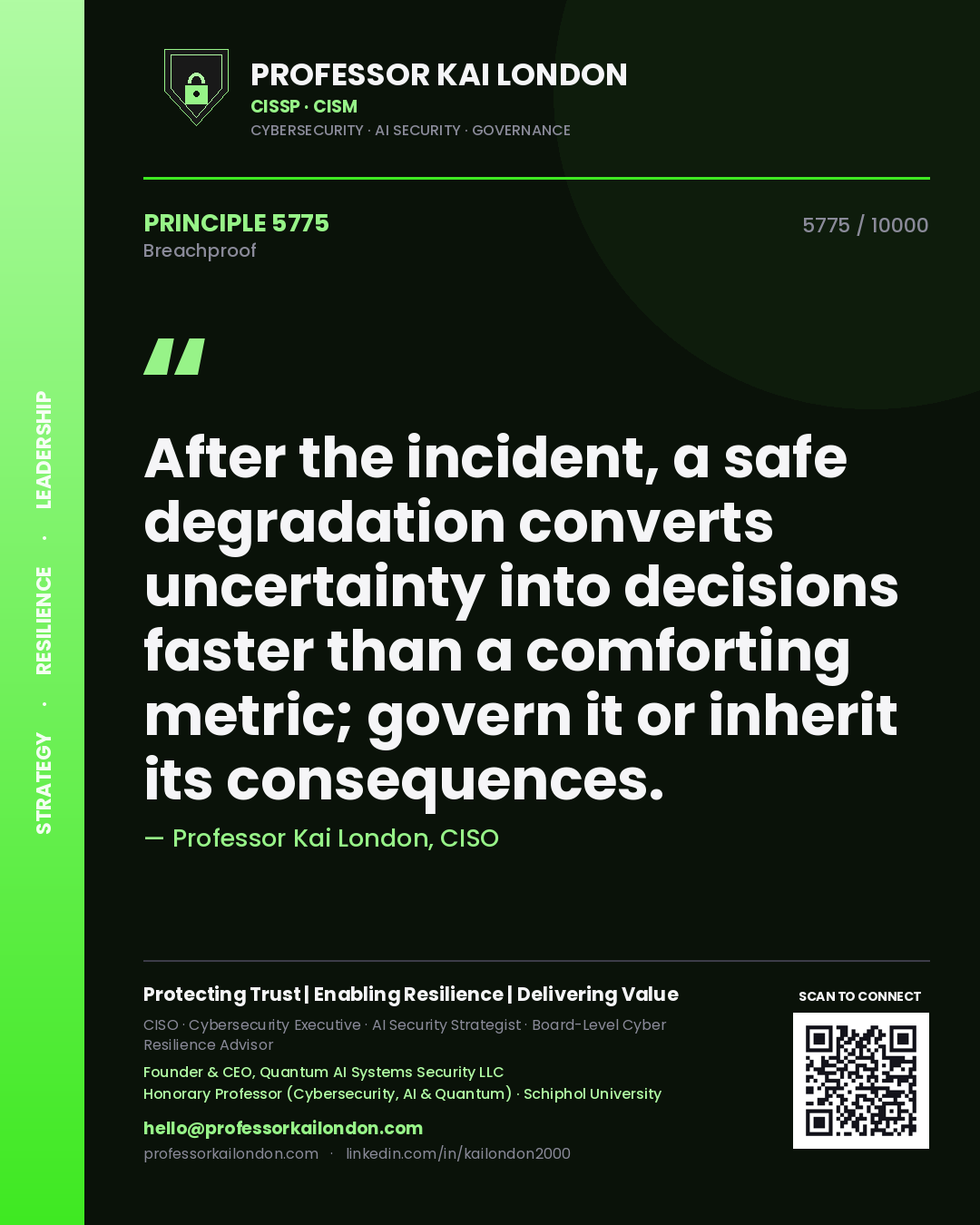 Professor Kai London principle 5775: After the incident, a safe degradation converts uncertainty into decisions faster than a comforting metric; govern it or inherit its consequences.