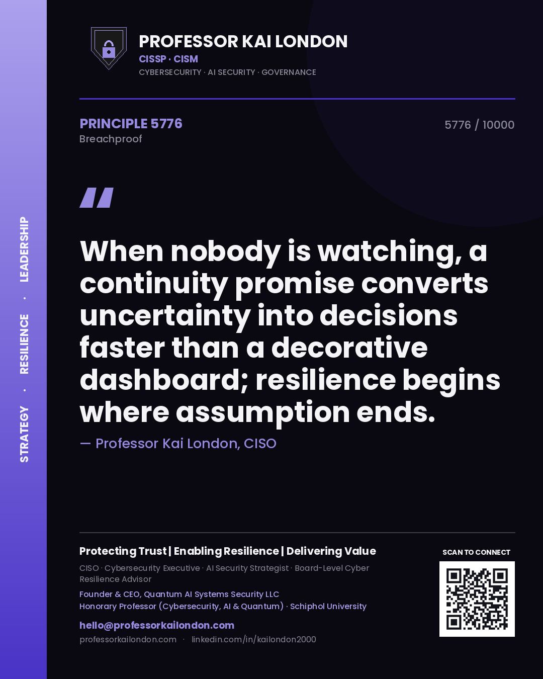 Professor Kai London principle 5776: When nobody is watching, a continuity promise converts uncertainty into decisions faster than a decorative dashboard; resilience begins where assumption ends.