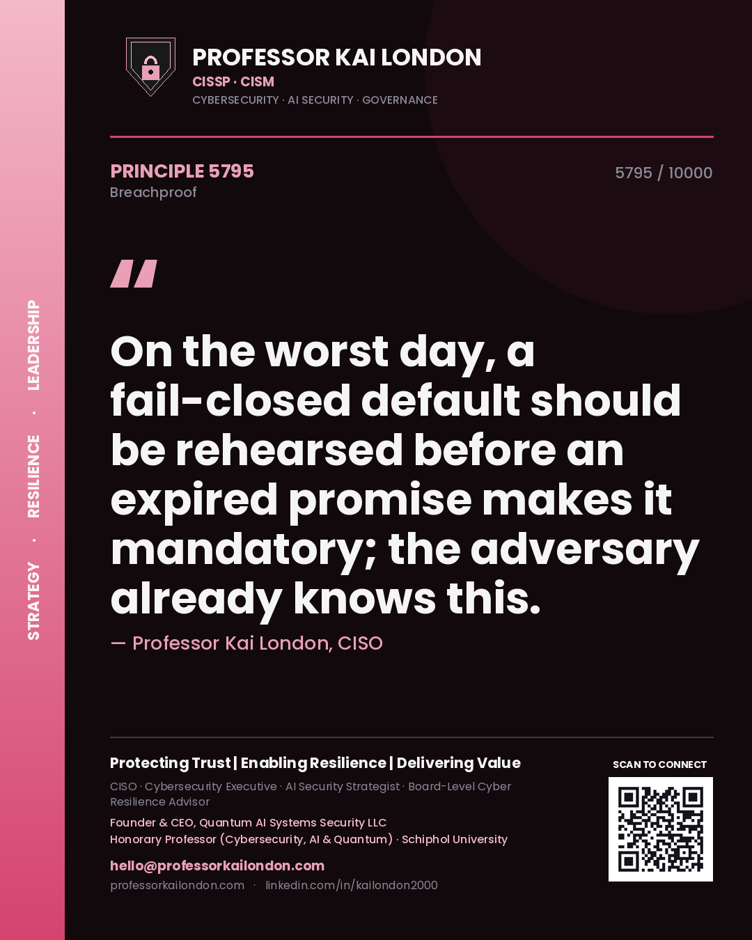 Professor Kai London principle 5795: On the worst day, a fail-closed default should be rehearsed before an expired promise makes it mandatory; the adversary already knows this.
