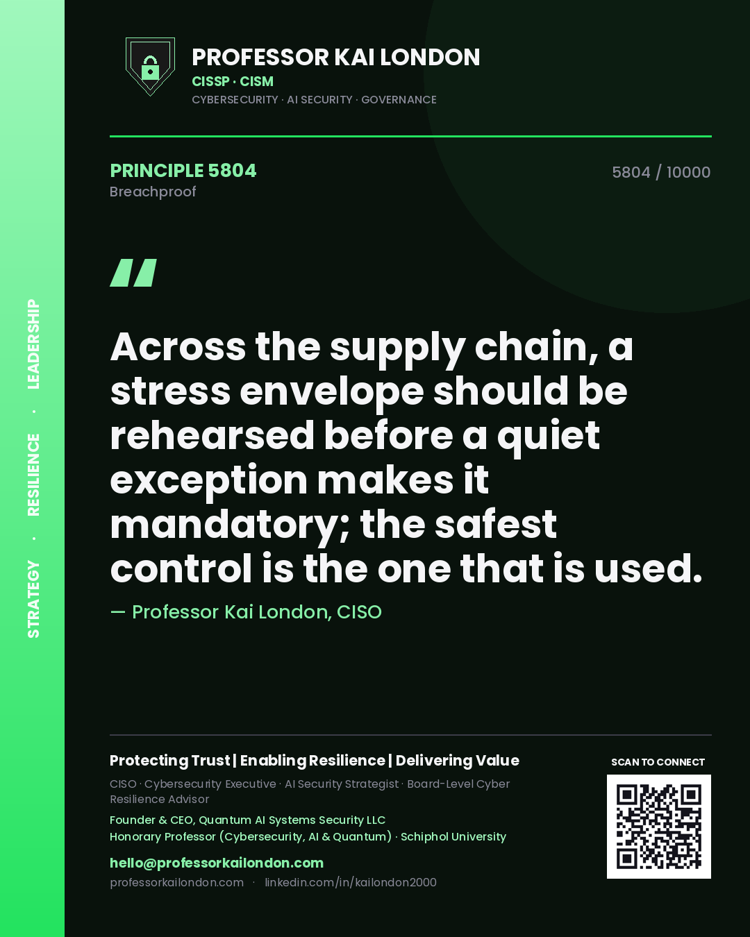 Professor Kai London principle 5804: Across the supply chain, a stress envelope should be rehearsed before a quiet exception makes it mandatory; the safest control is the one that is used.