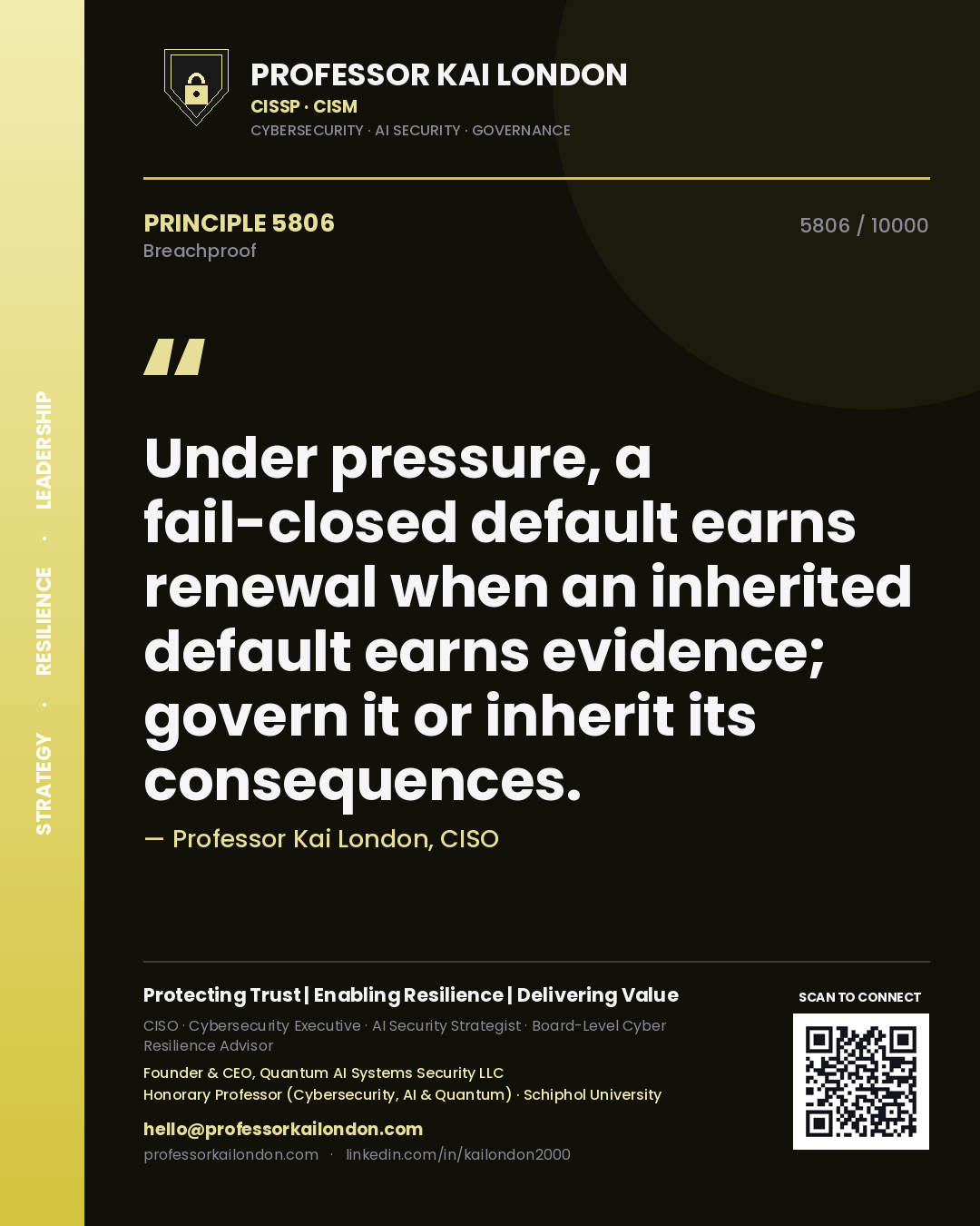 Professor Kai London principle 5806: Under pressure, a fail-closed default earns renewal when an inherited default earns evidence; govern it or inherit its consequences.
