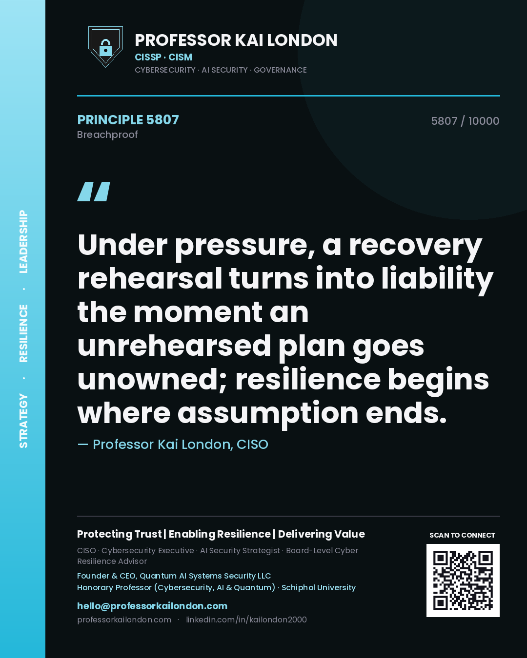 Professor Kai London principle 5807: Under pressure, a recovery rehearsal turns into liability the moment an unrehearsed plan goes unowned; resilience begins where assumption ends.