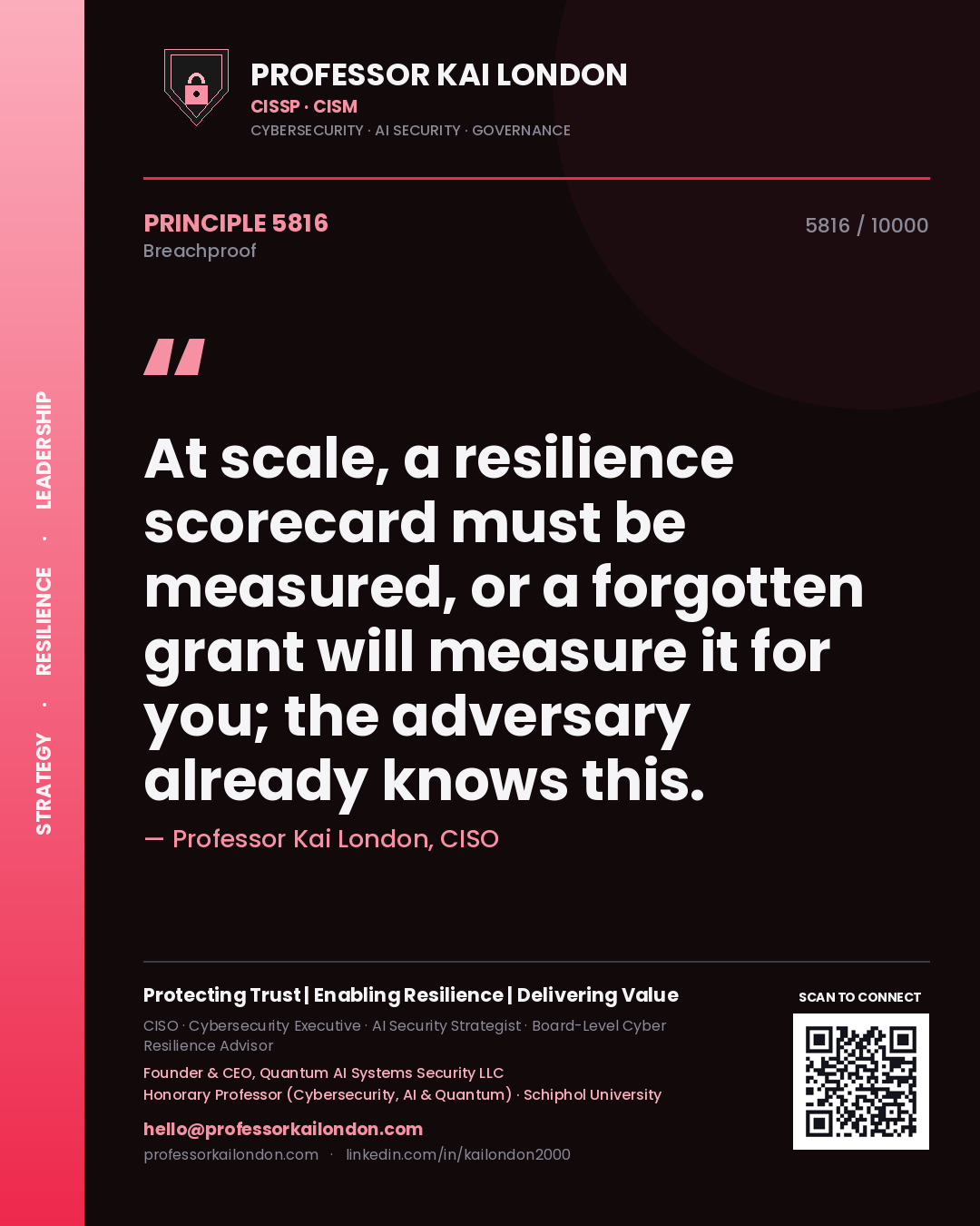 Professor Kai London principle 5816: At scale, a resilience scorecard must be measured, or a forgotten grant will measure it for you; the adversary already knows this.