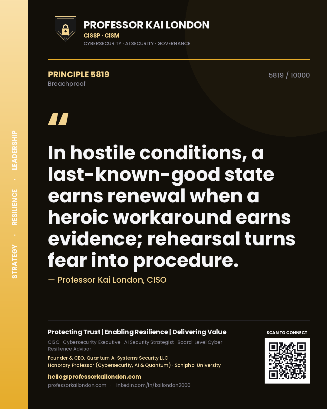 Professor Kai London principle 5819: In hostile conditions, a last-known-good state earns renewal when a heroic workaround earns evidence; rehearsal turns fear into procedure.