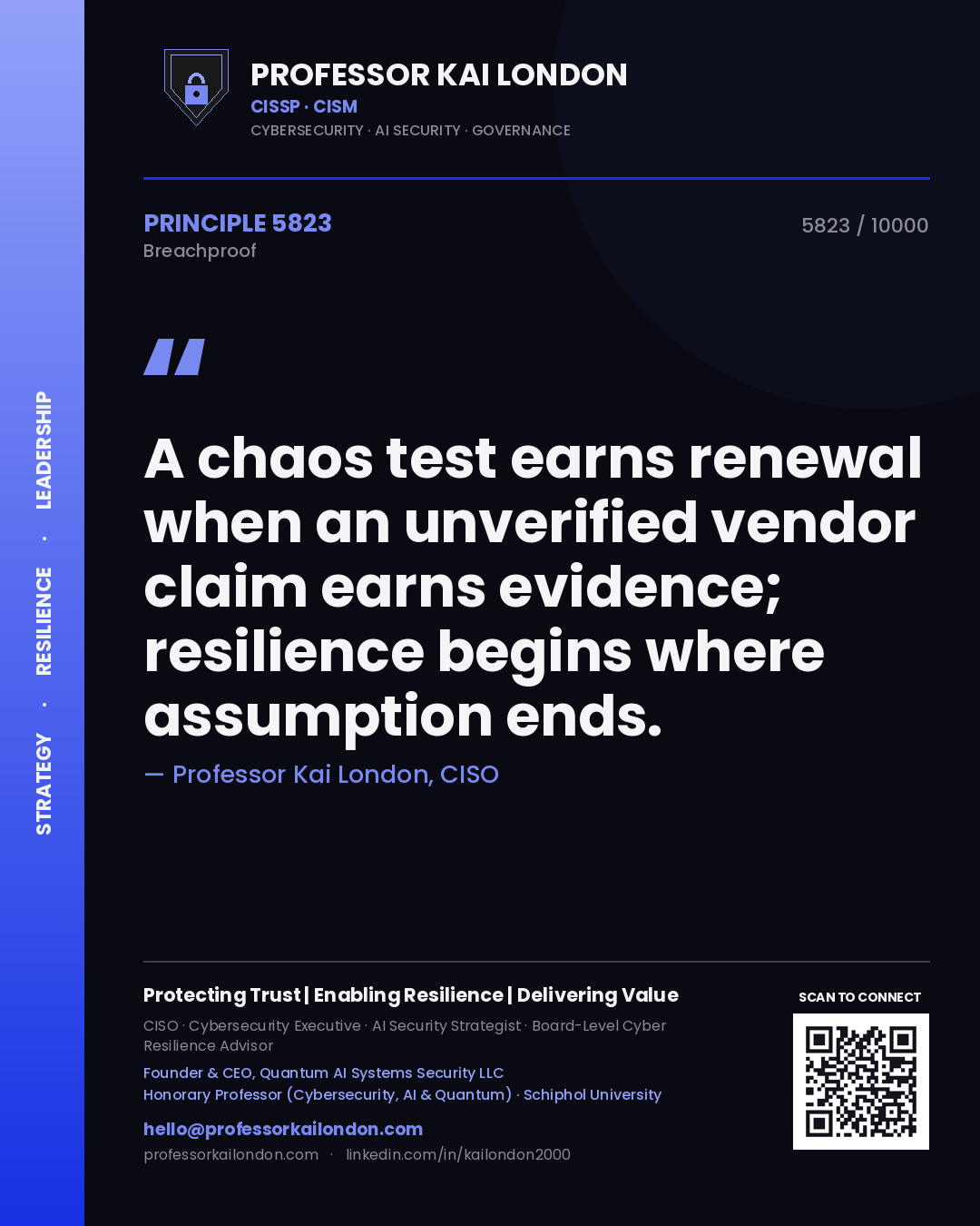 Professor Kai London principle 5823: A chaos test earns renewal when an unverified vendor claim earns evidence; resilience begins where assumption ends.