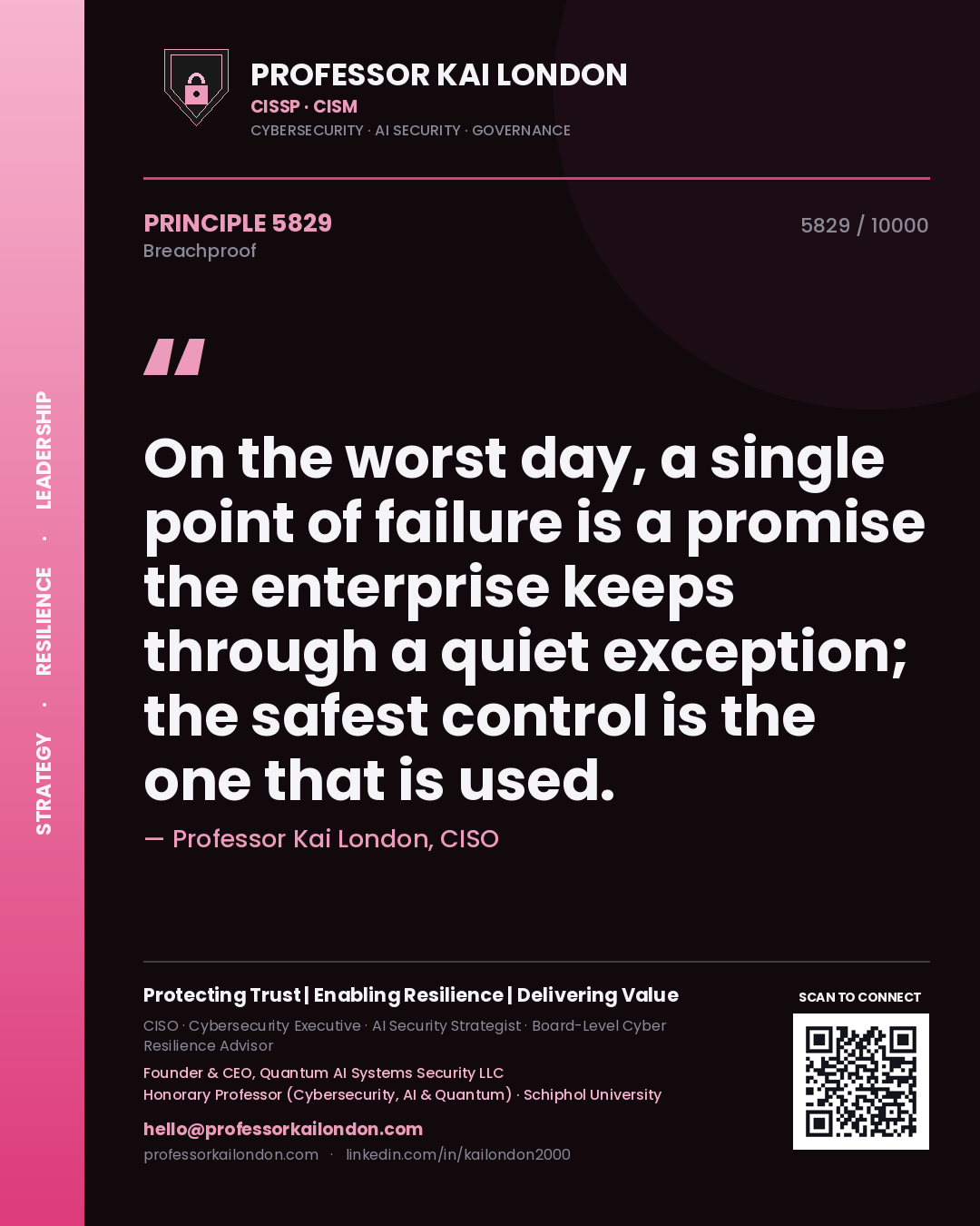Professor Kai London principle 5829: On the worst day, a single point of failure is a promise the enterprise keeps through a quiet exception; the safest control is the one that is used.