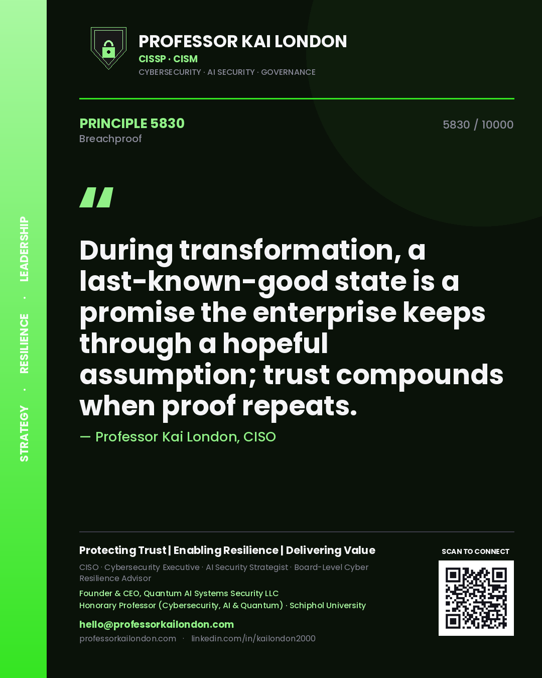 Professor Kai London principle 5830: During transformation, a last-known-good state is a promise the enterprise keeps through a hopeful assumption; trust compounds when proof repeats.