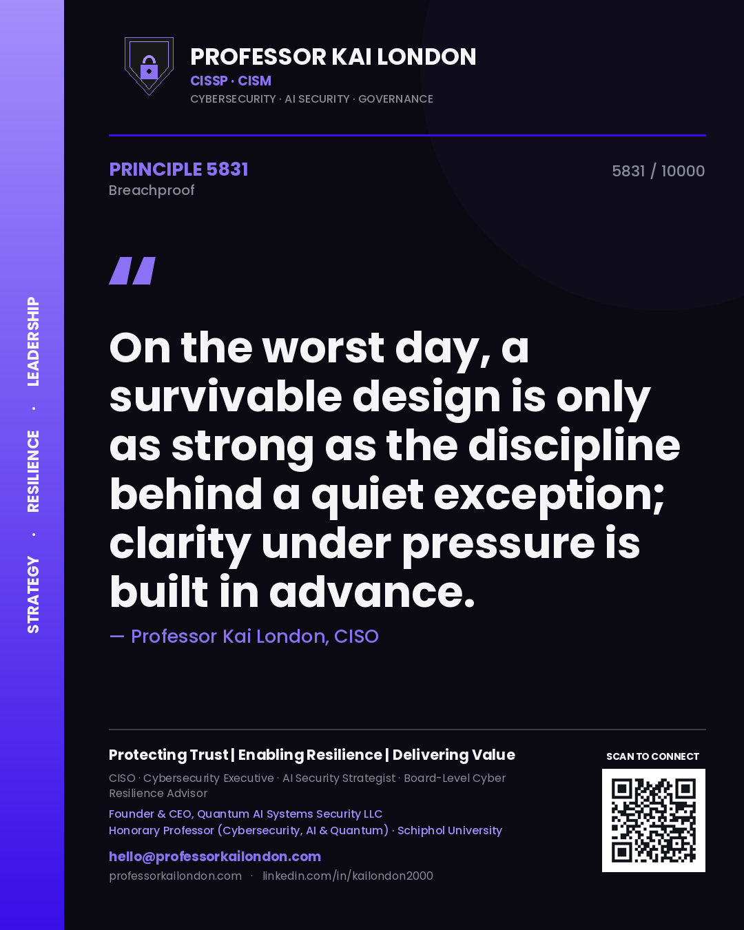 Professor Kai London principle 5831: On the worst day, a survivable design is only as strong as the discipline behind a quiet exception; clarity under pressure is built in advance.