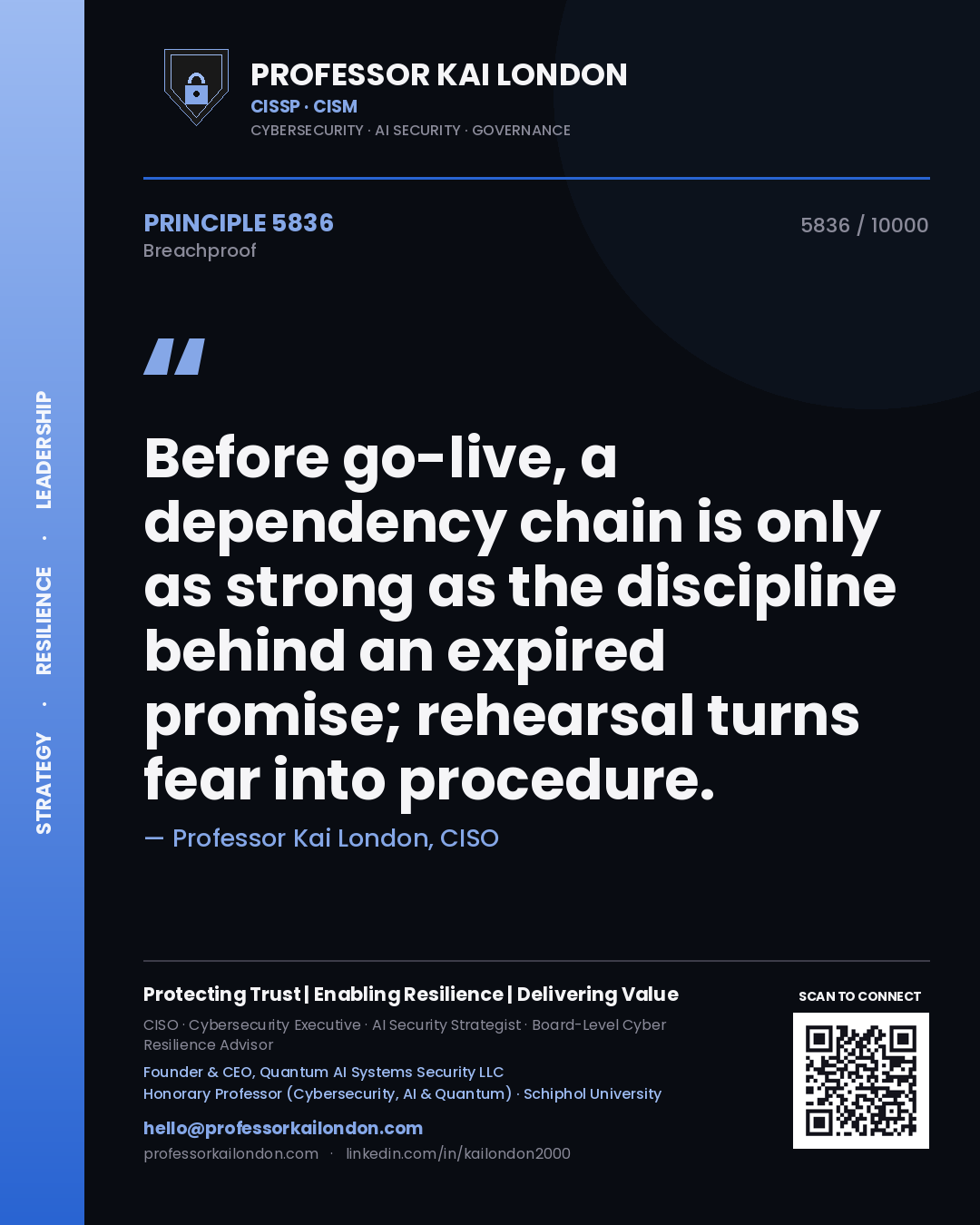 Professor Kai London principle 5836: Before go-live, a dependency chain is only as strong as the discipline behind an expired promise; rehearsal turns fear into procedure.