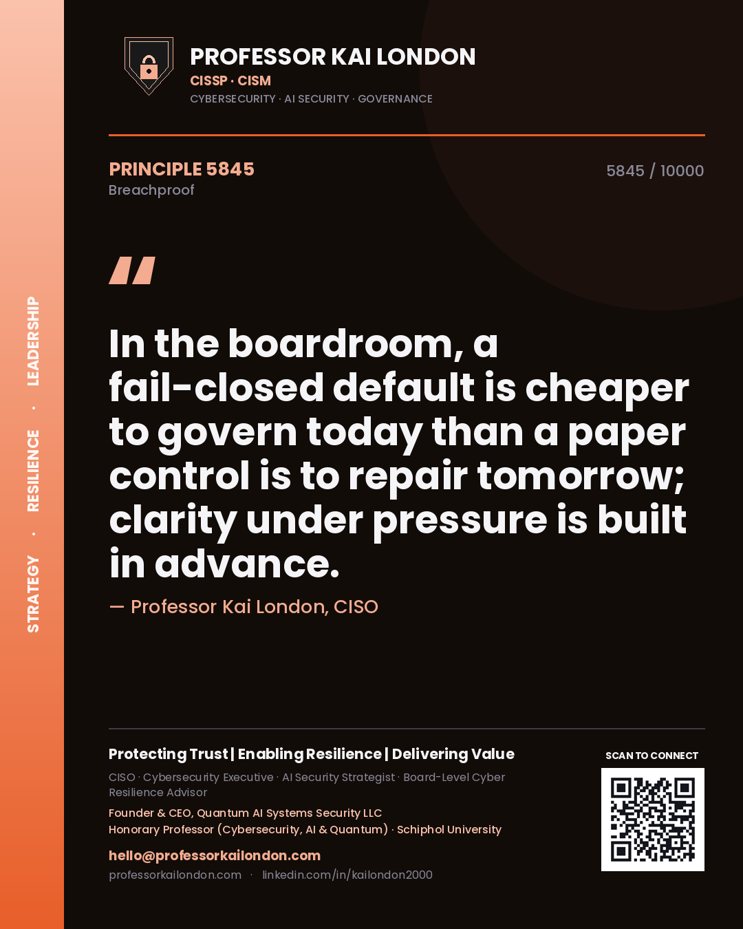 Professor Kai London principle 5845: In the boardroom, a fail-closed default is cheaper to govern today than a paper control is to repair tomorrow; clarity under pressure is built in advance.