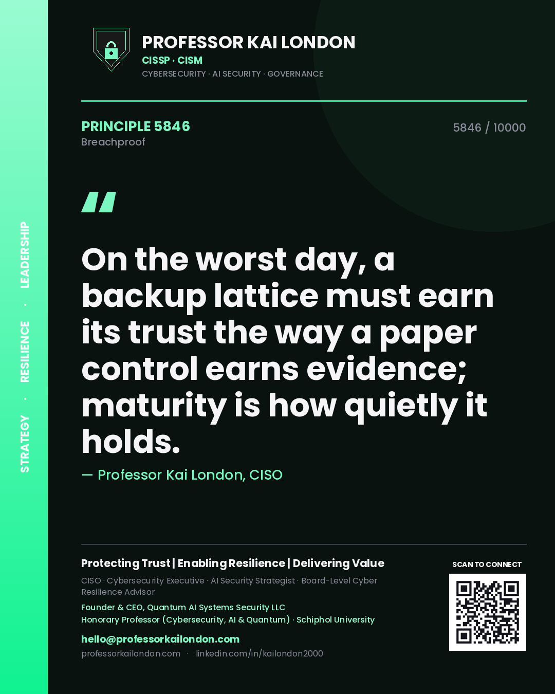 Professor Kai London principle 5846: On the worst day, a backup lattice must earn its trust the way a paper control earns evidence; maturity is how quietly it holds.