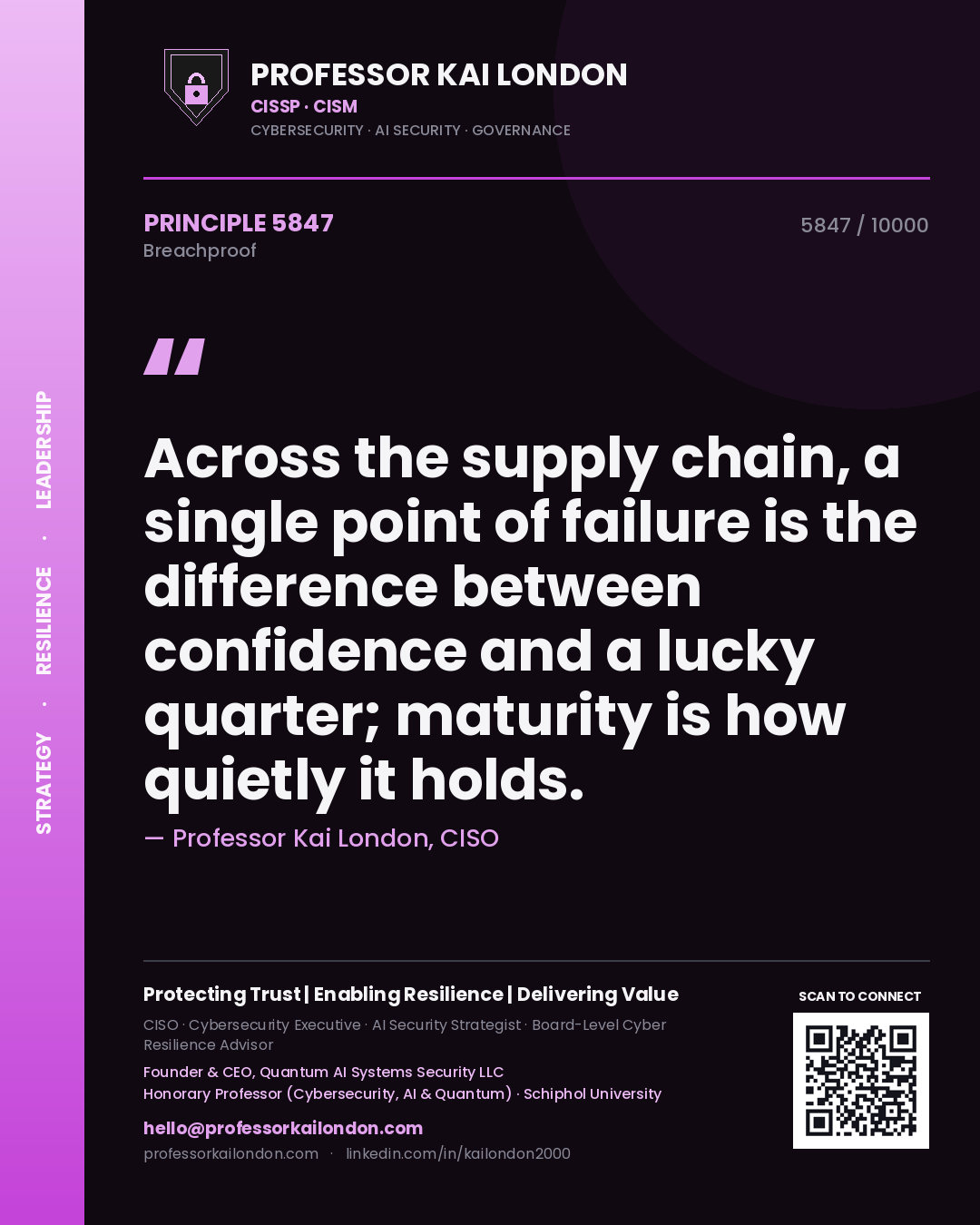 Professor Kai London principle 5847: Across the supply chain, a single point of failure is the difference between confidence and a lucky quarter; maturity is how quietly it holds.