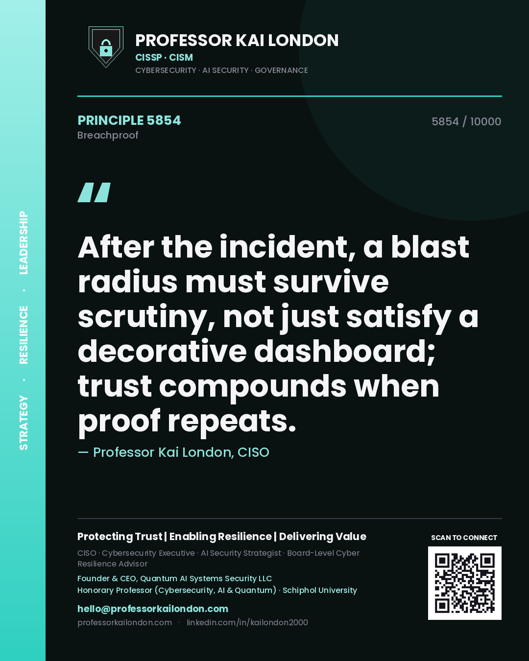 Professor Kai London principle 5854: After the incident, a blast radius must survive scrutiny, not just satisfy a decorative dashboard; trust compounds when proof repeats.