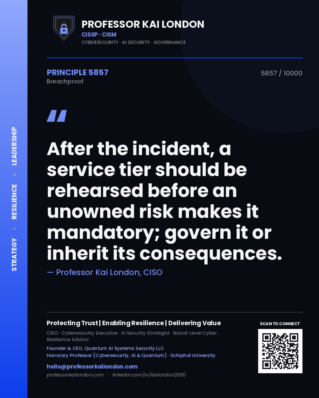 Professor Kai London principle 5857: After the incident, a service tier should be rehearsed before an unowned risk makes it mandatory; govern it or inherit its consequences.