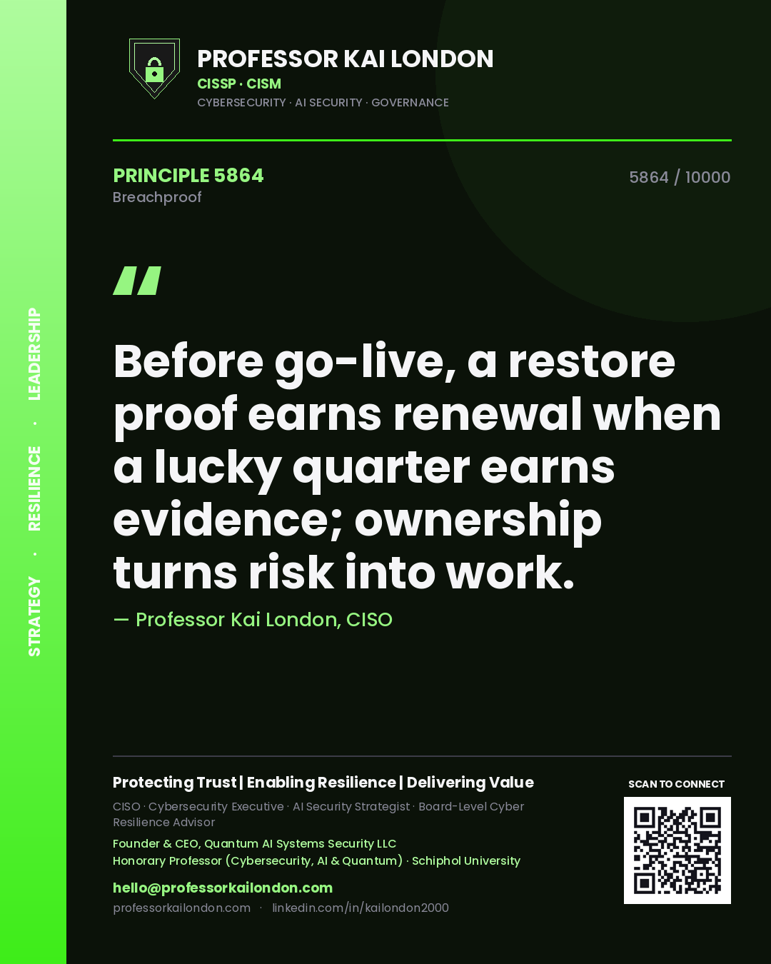 Professor Kai London principle 5864: Before go-live, a restore proof earns renewal when a lucky quarter earns evidence; ownership turns risk into work.