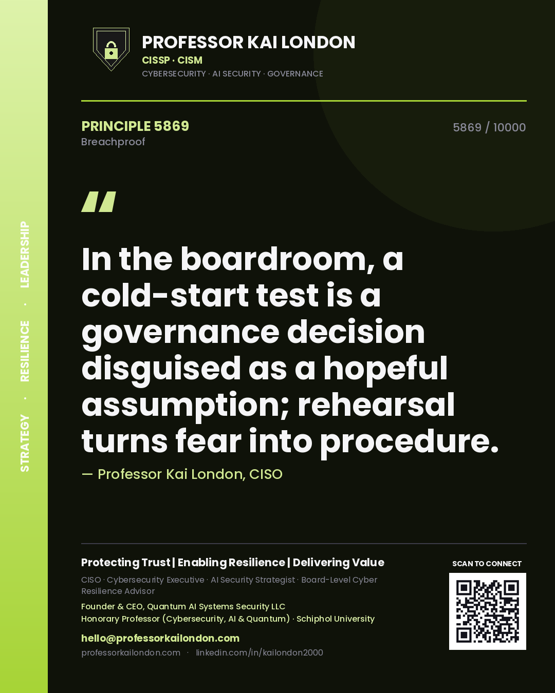 Professor Kai London principle 5869: In the boardroom, a cold-start test is a governance decision disguised as a hopeful assumption; rehearsal turns fear into procedure.