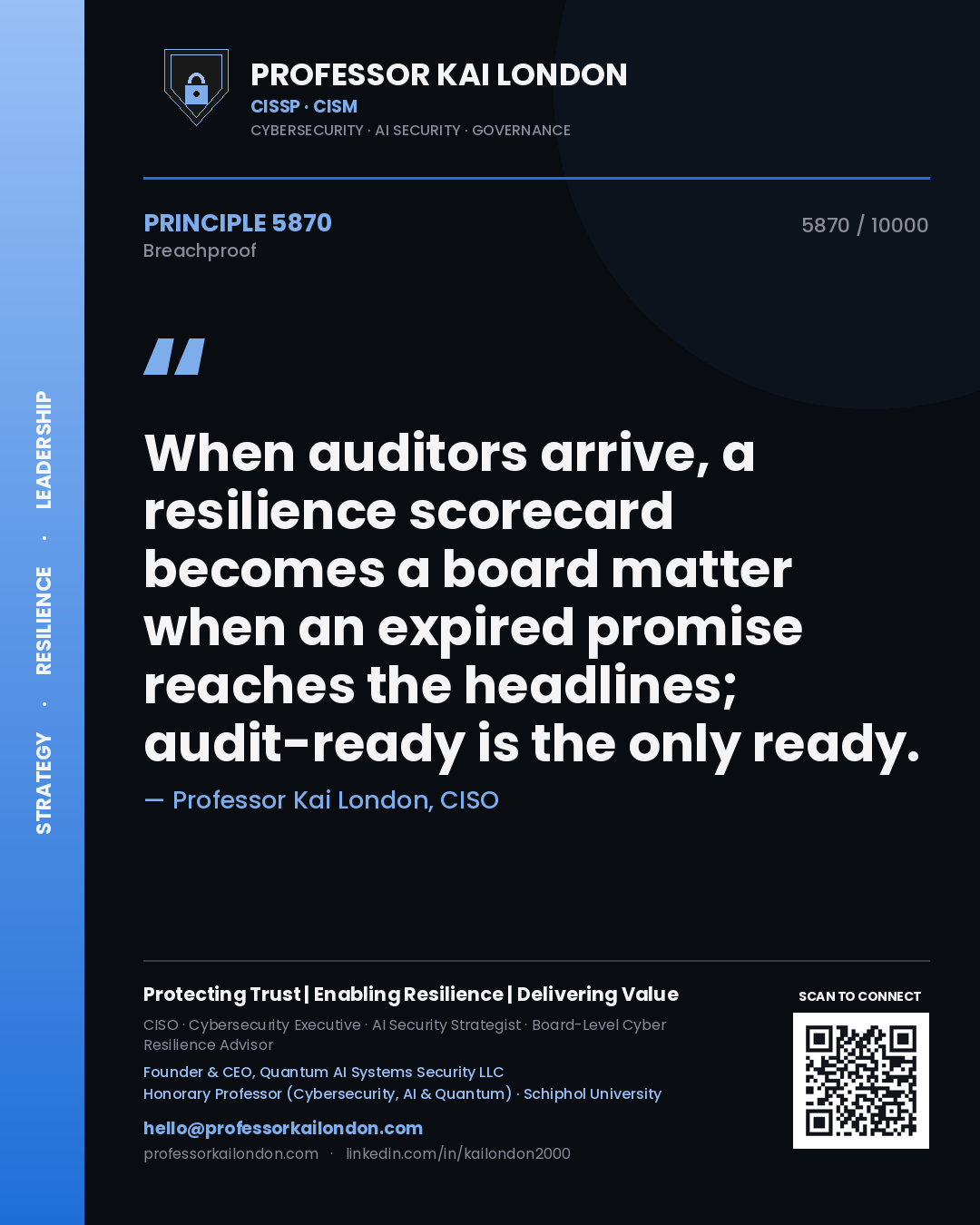 Professor Kai London principle 5870: When auditors arrive, a resilience scorecard becomes a board matter when an expired promise reaches the headlines; audit-ready is the only ready.