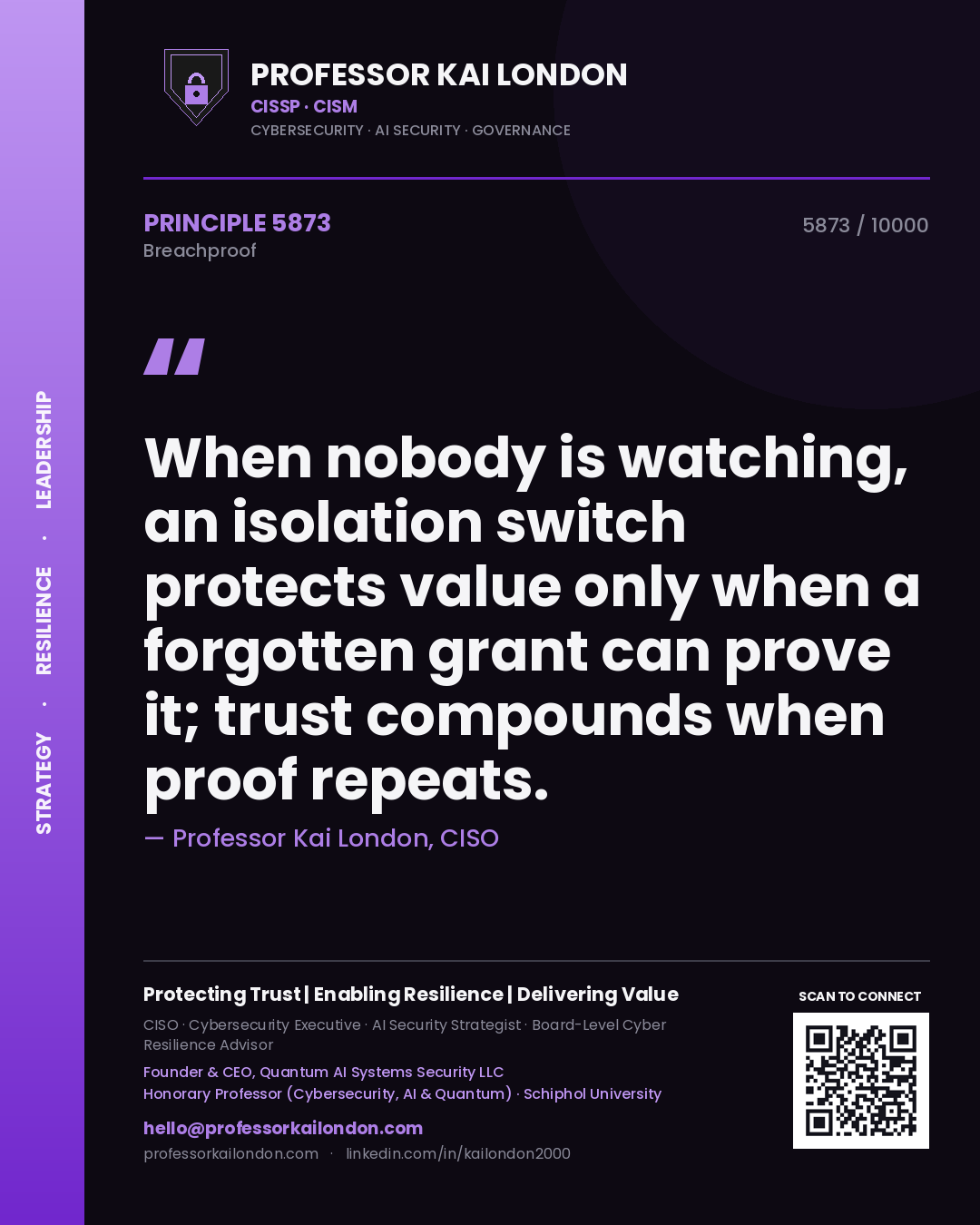 Professor Kai London principle 5873: When nobody is watching, an isolation switch protects value only when a forgotten grant can prove it; trust compounds when proof repeats.