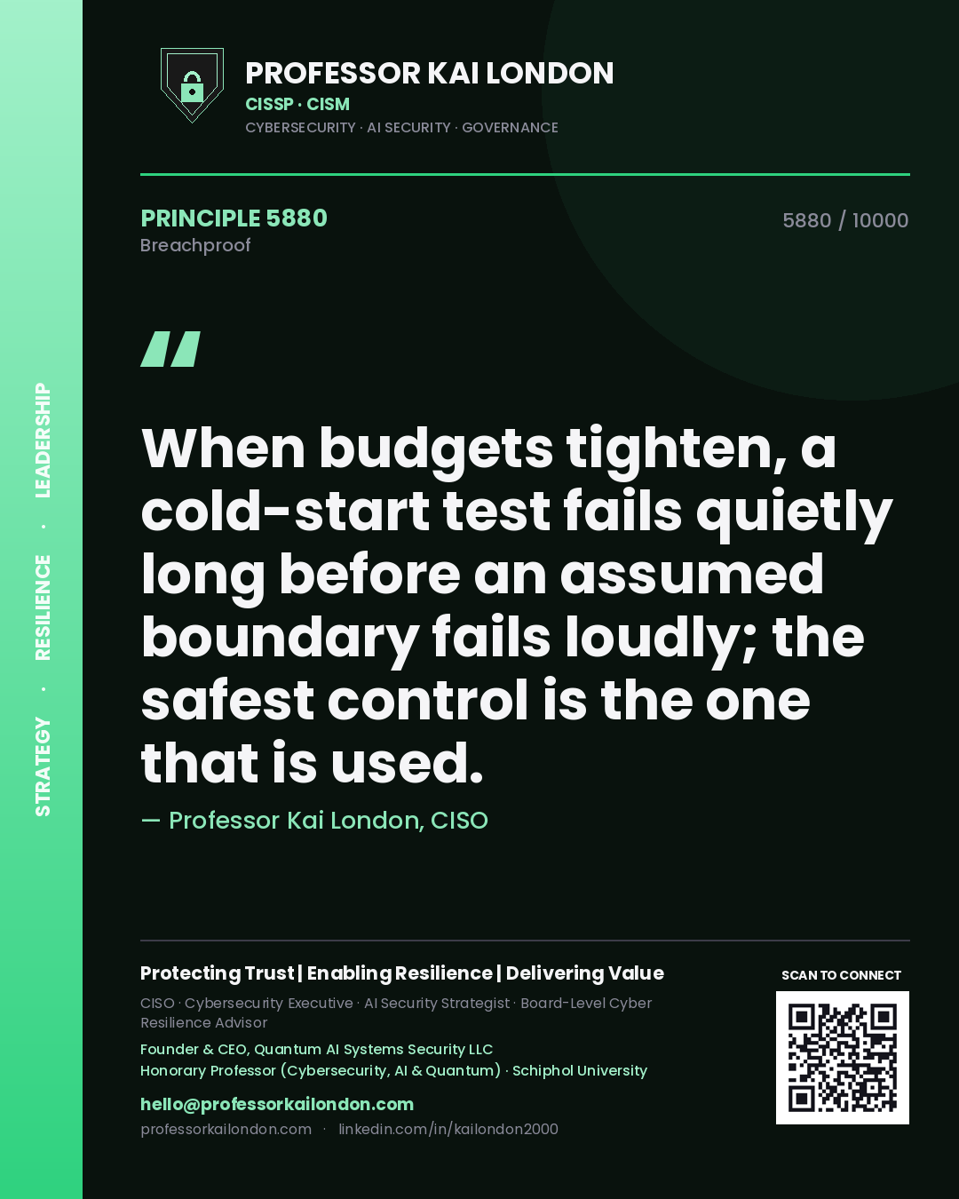 Professor Kai London principle 5880: When budgets tighten, a cold-start test fails quietly long before an assumed boundary fails loudly; the safest control is the one that is used.